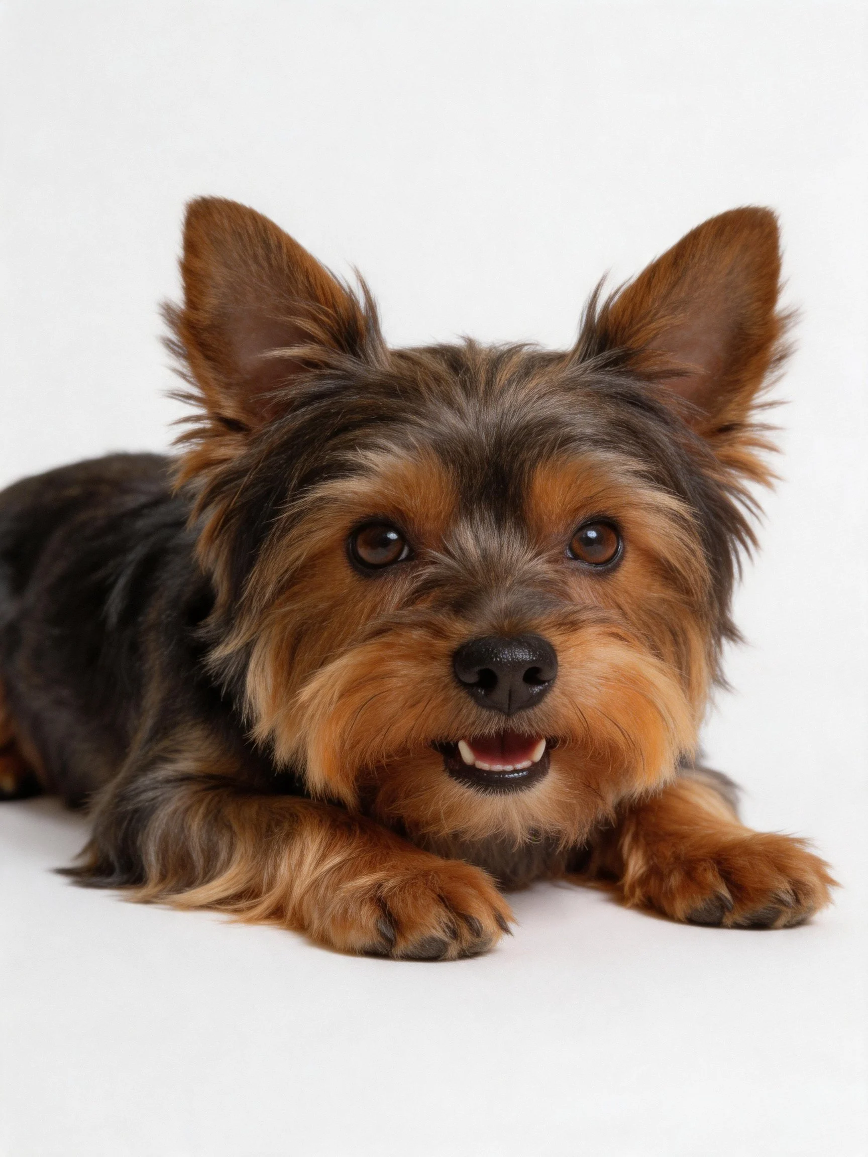 A small Yorkshire Terrier with brown and black fur rests on a white surface.
