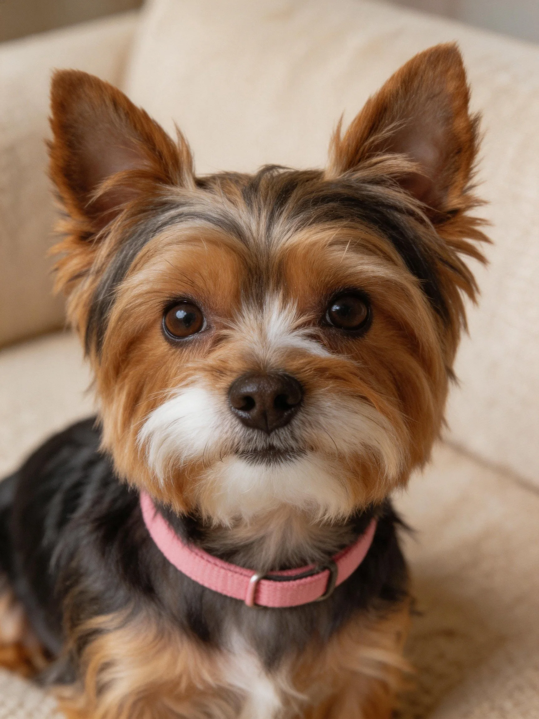 A small Yorkshire Terrier sits calmly on a beige couch.
