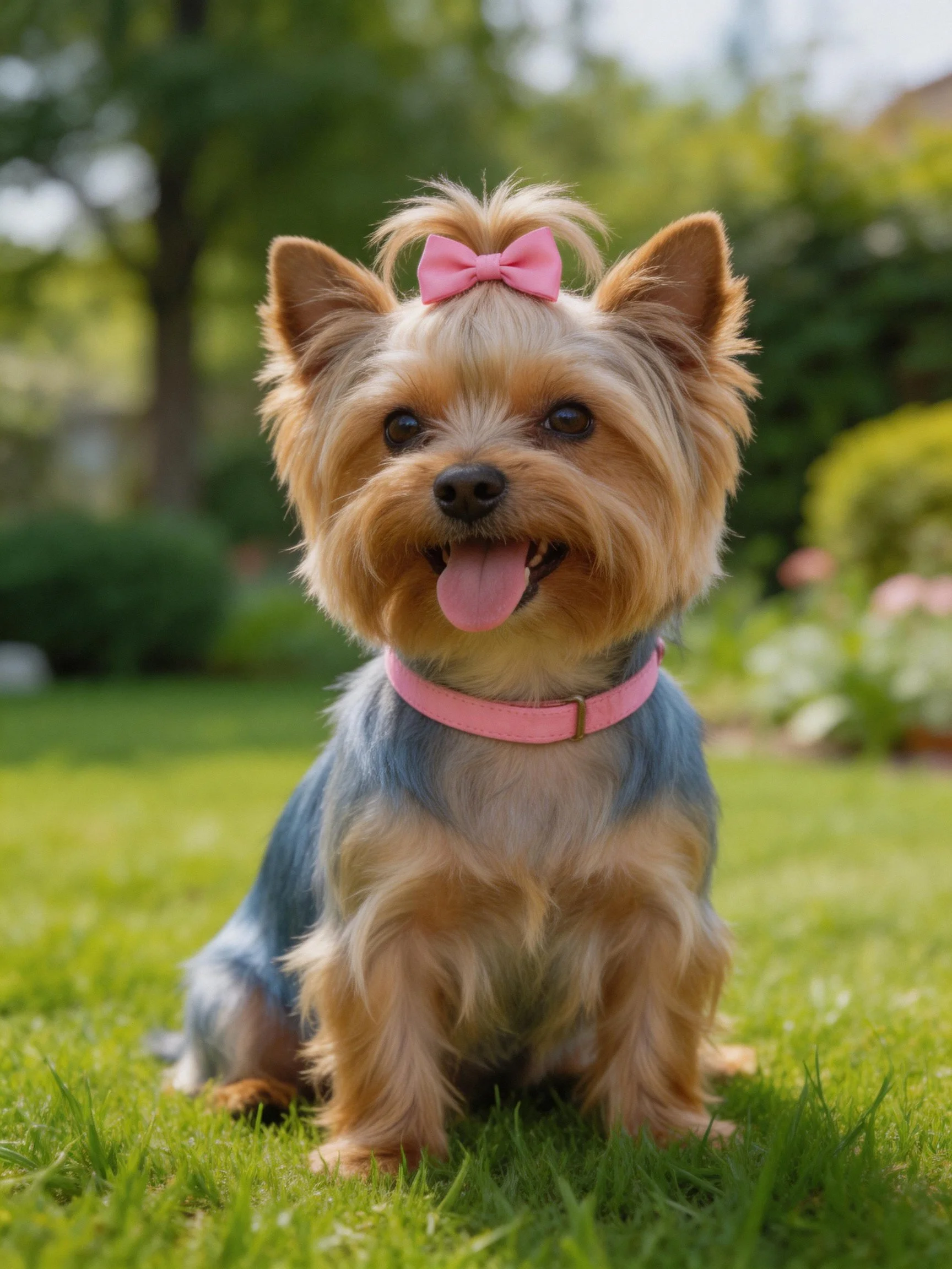A small Yorkshire Terrier with pink accessories sits outdoors