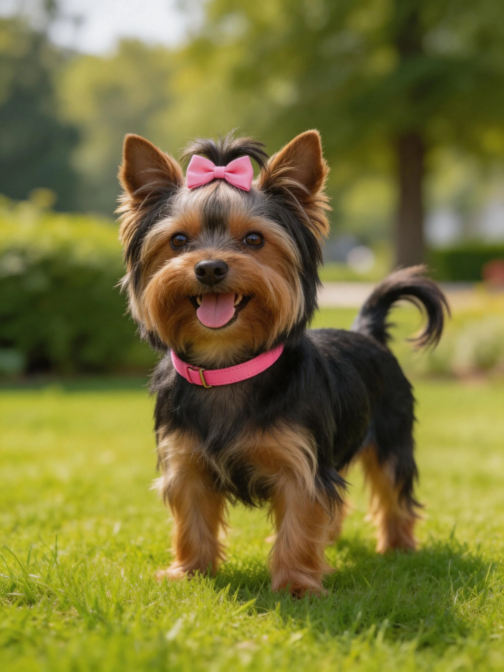 A small Yorkshire Terrier with pink bow and collar on green grass