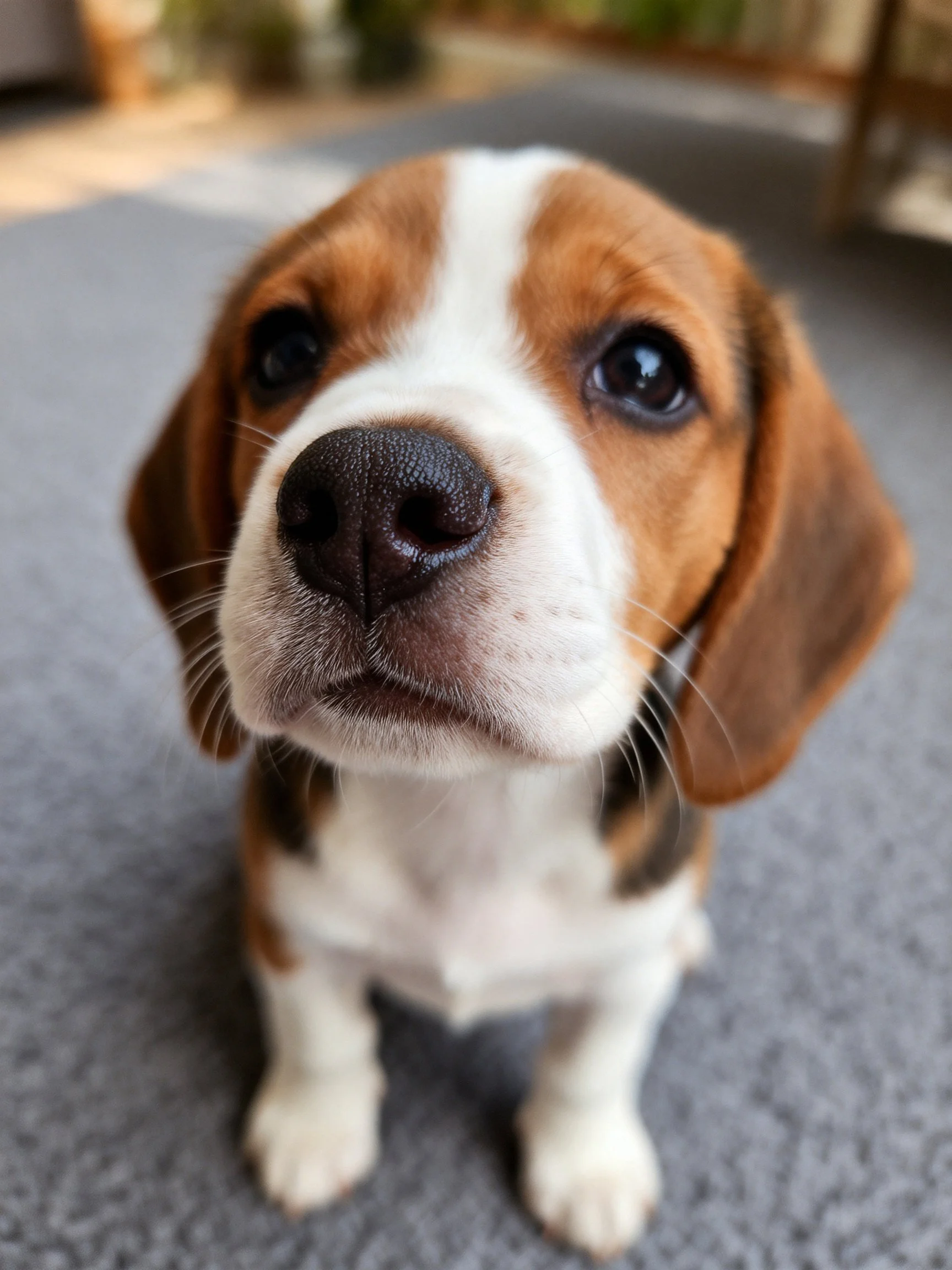 A small beagle puppy sits attentively on a gray carpet.