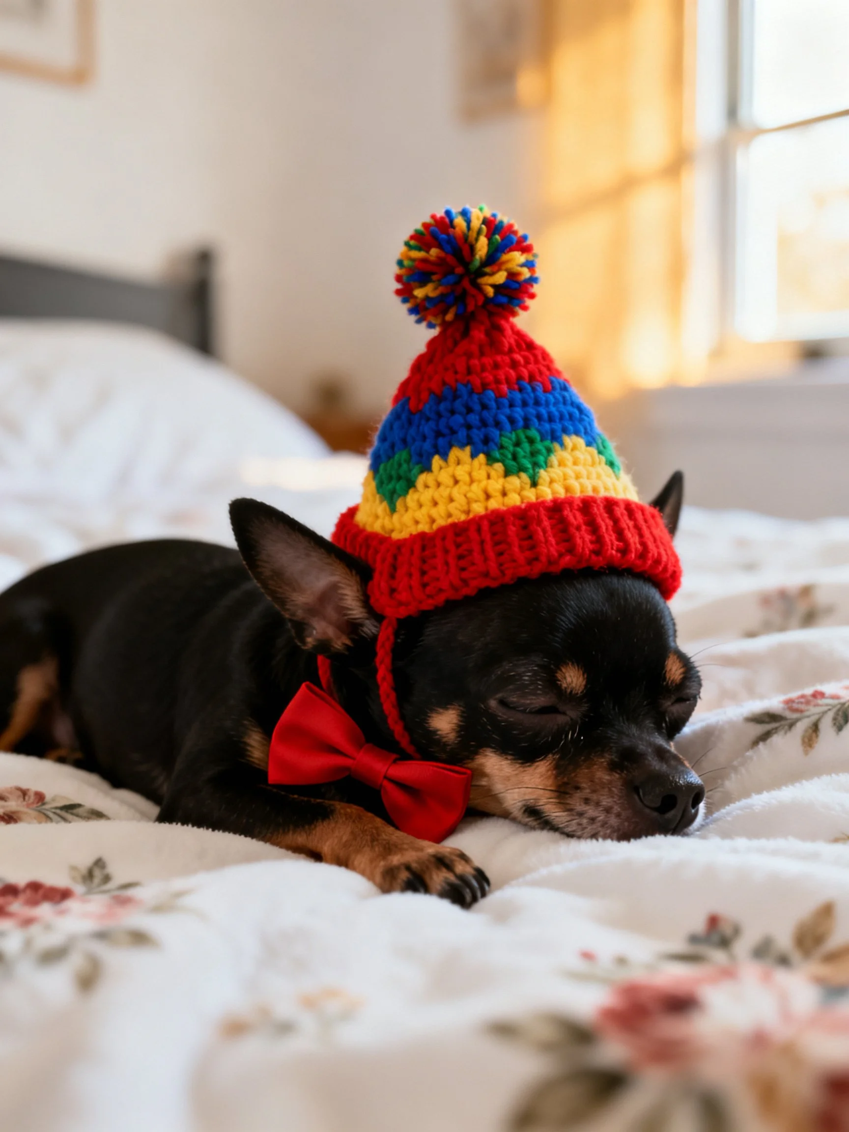 A small black Chihuahua wears a colorful hat while resting on a bed.