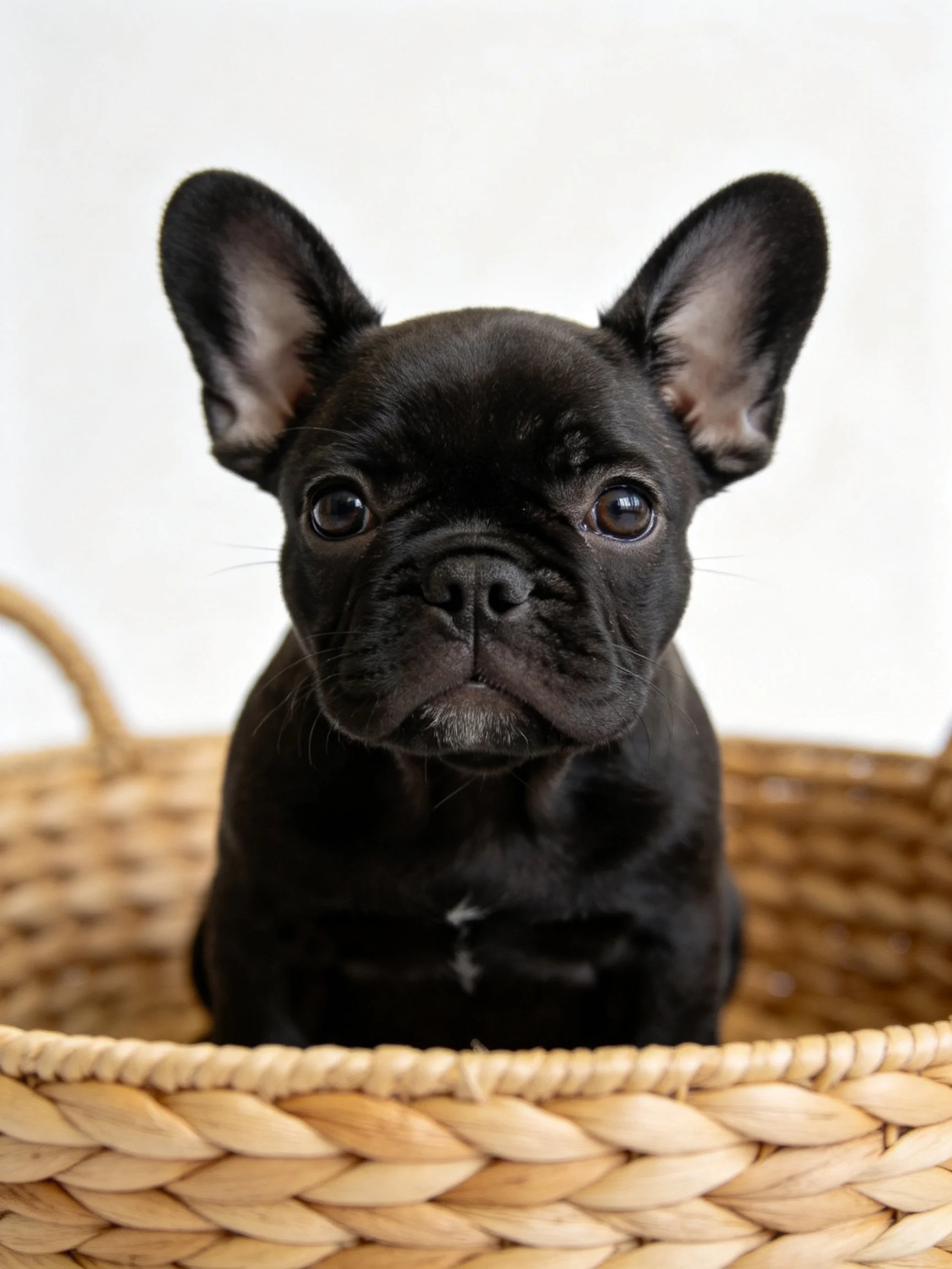 A small black French Bulldog puppy rests quietly inside a woven basket.
