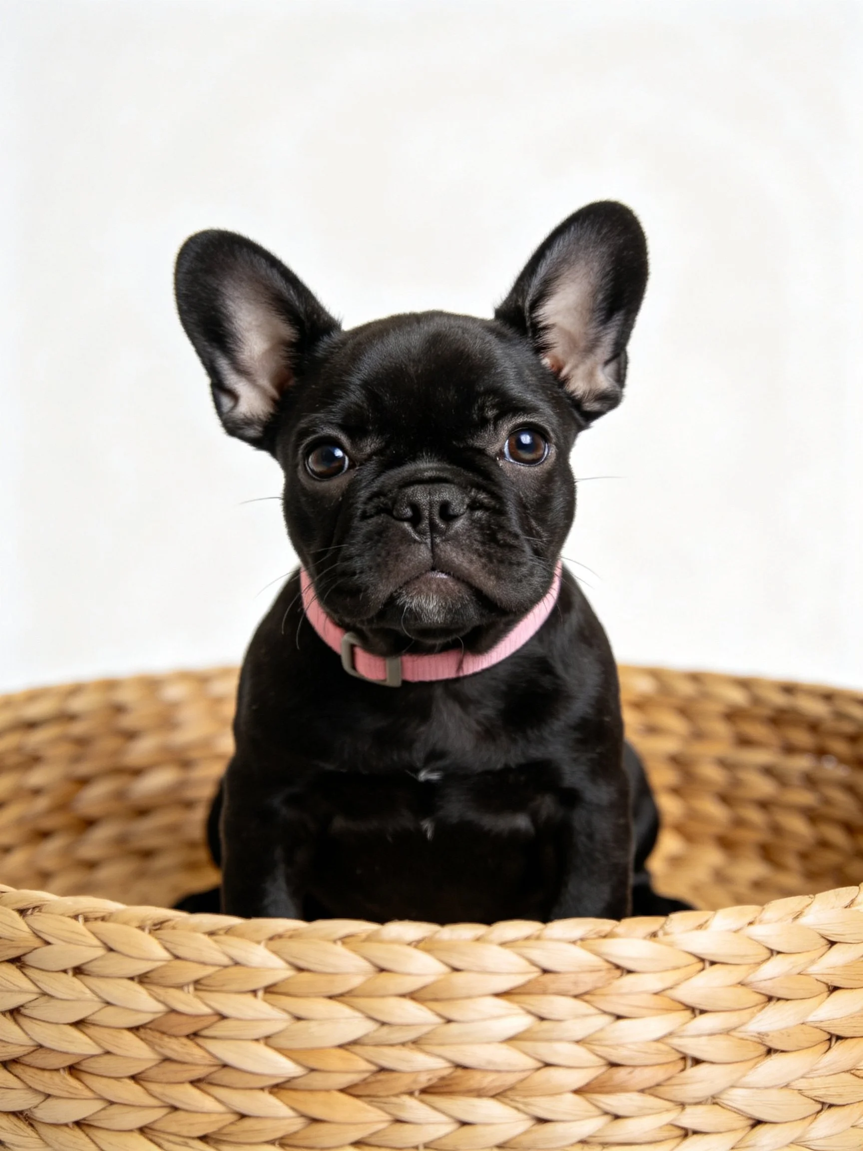 A black French Bulldog puppy with a pink collar sits in a woven basket.