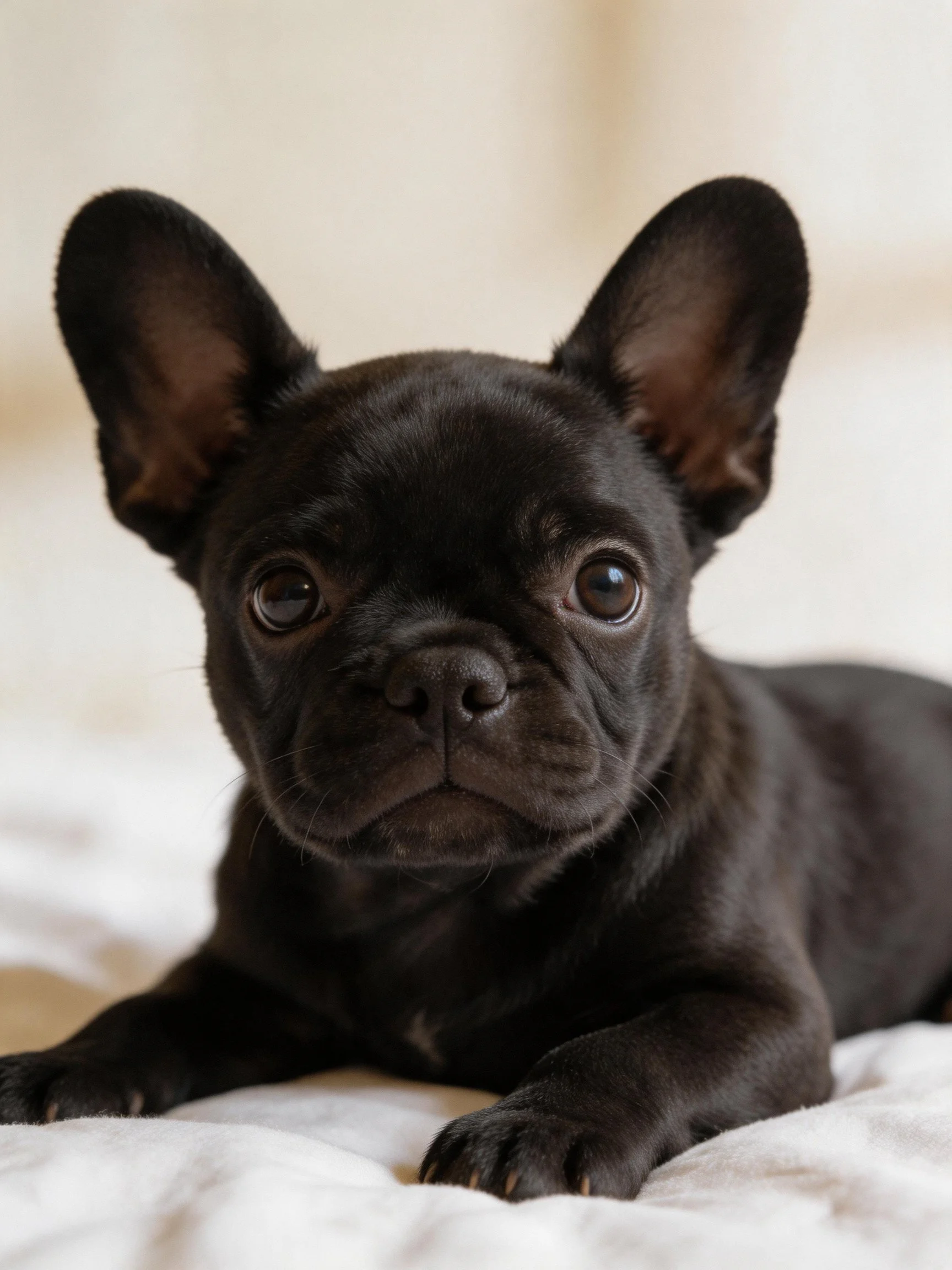 A small black French bulldog puppy rests calmly on a soft white fabric.
