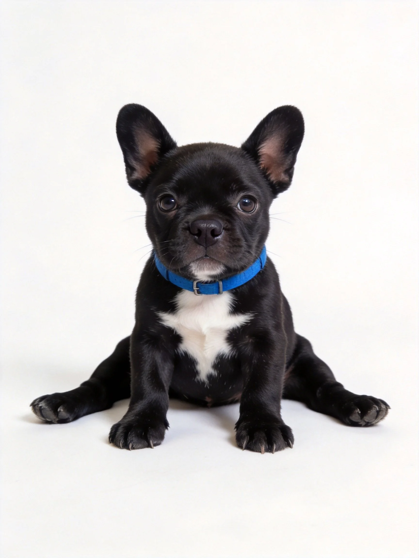A small black French bulldog puppy with white chest and blue collar