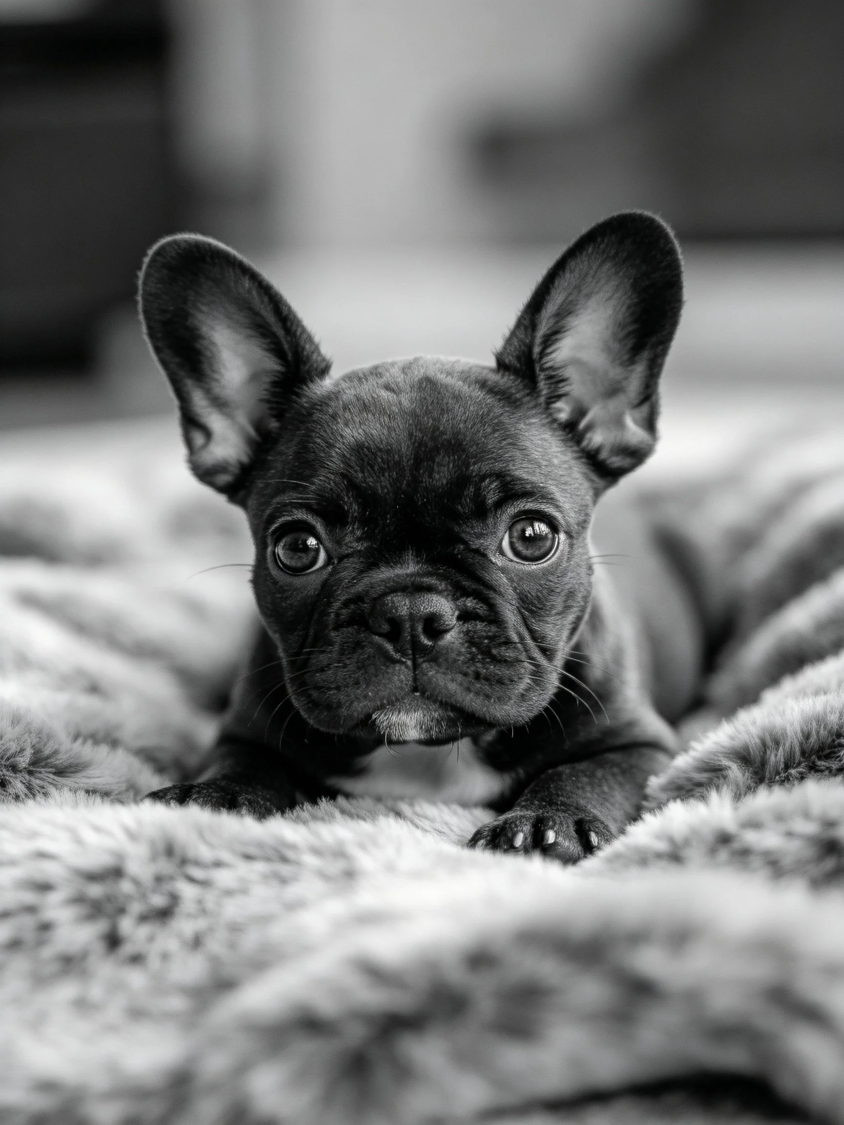 A small black French bulldog rests on a soft blanket.