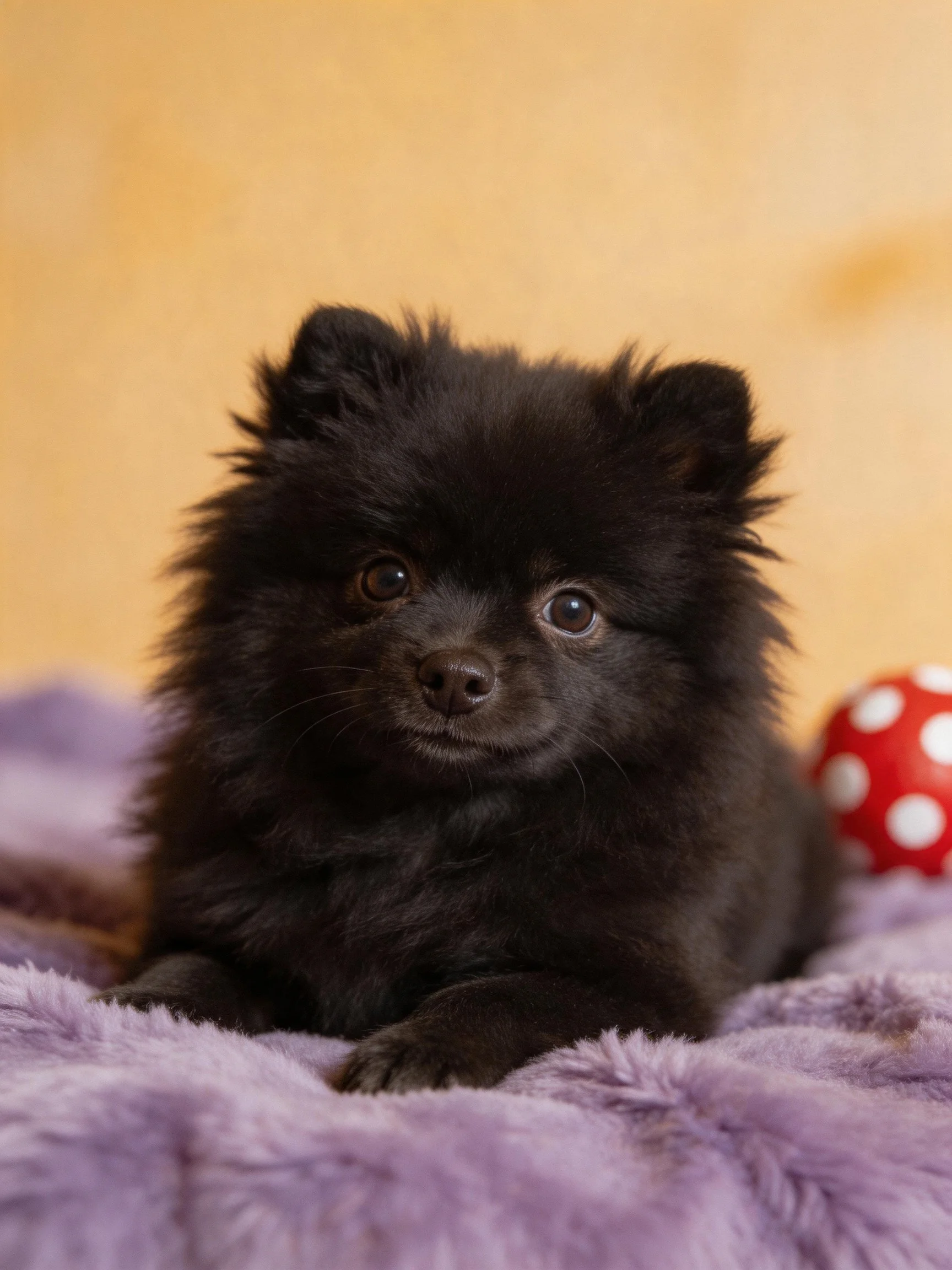 A small black Pomeranian rests on a purple blanket beside a red polka dot ball