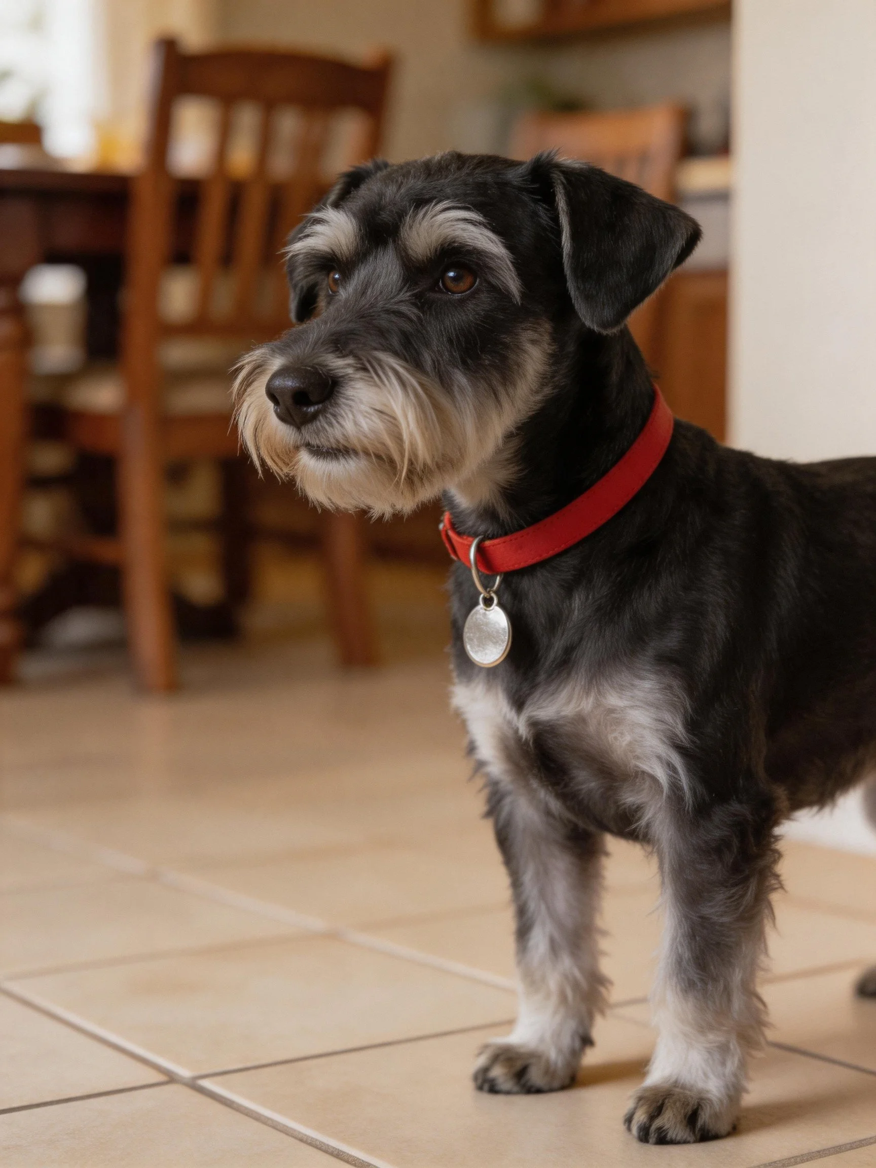 A small black and gray dog with a red collar stands near wooden furniture.