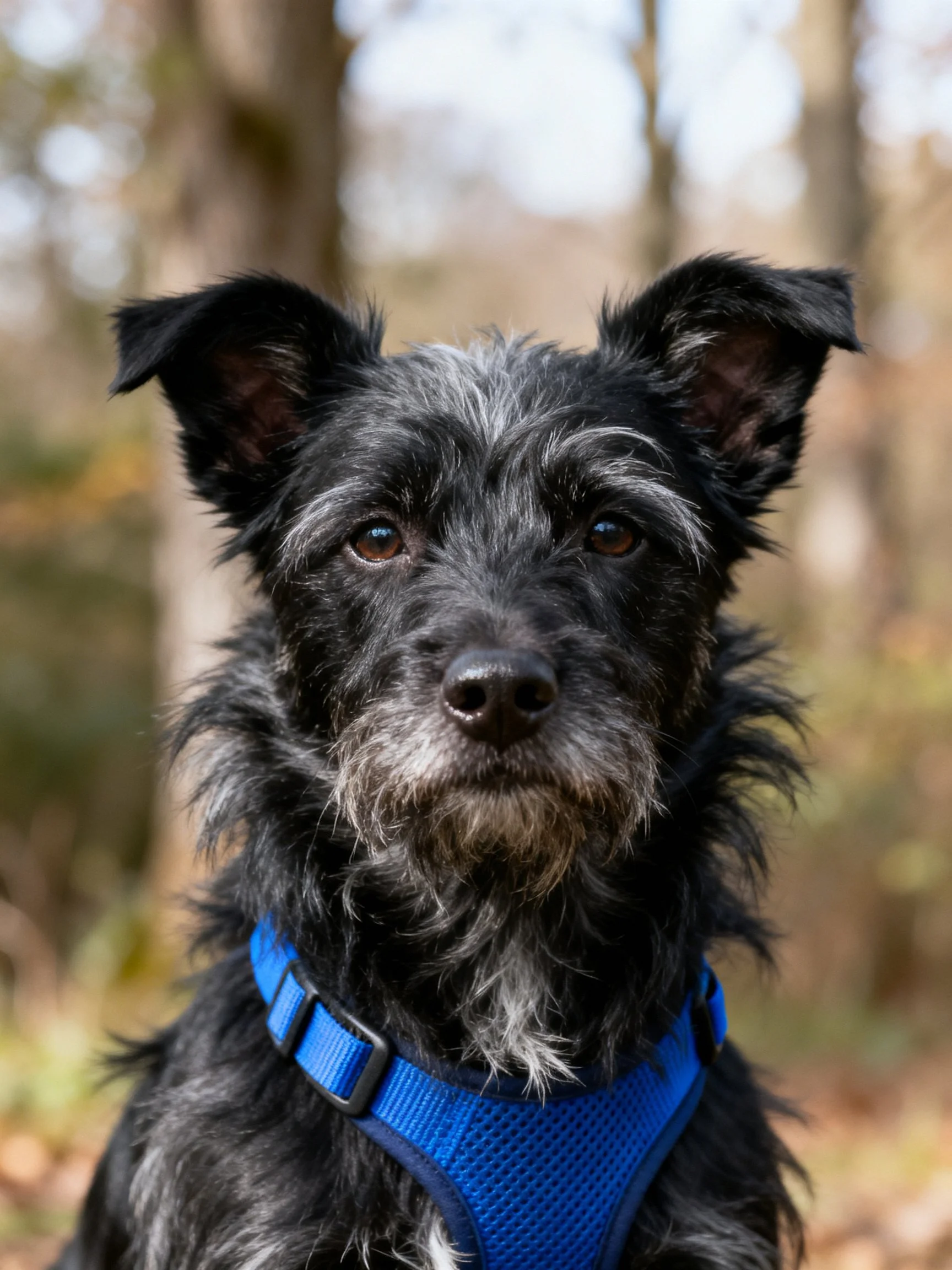 A small black and gray terrier wearing a blue harness outdoors