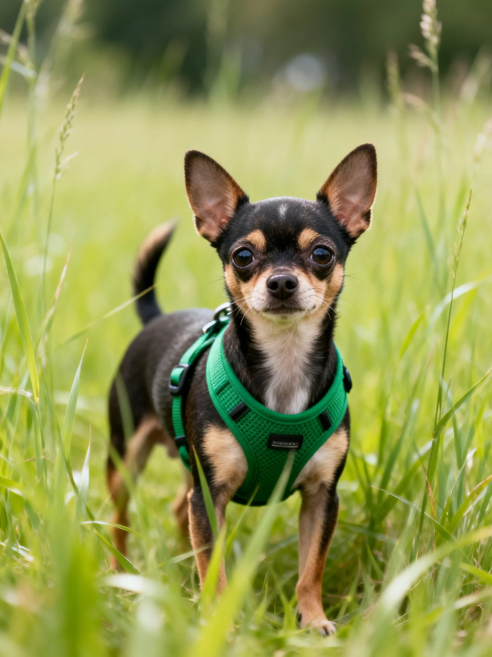 A small black and tan Chihuahua wears a green harness while standing in a grassy area.