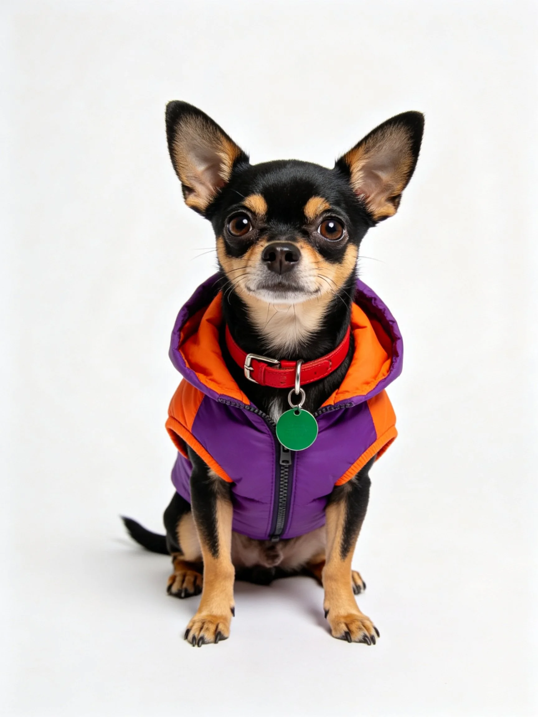 A small black and tan Chihuahua sits calmly in a colorful hooded vest.