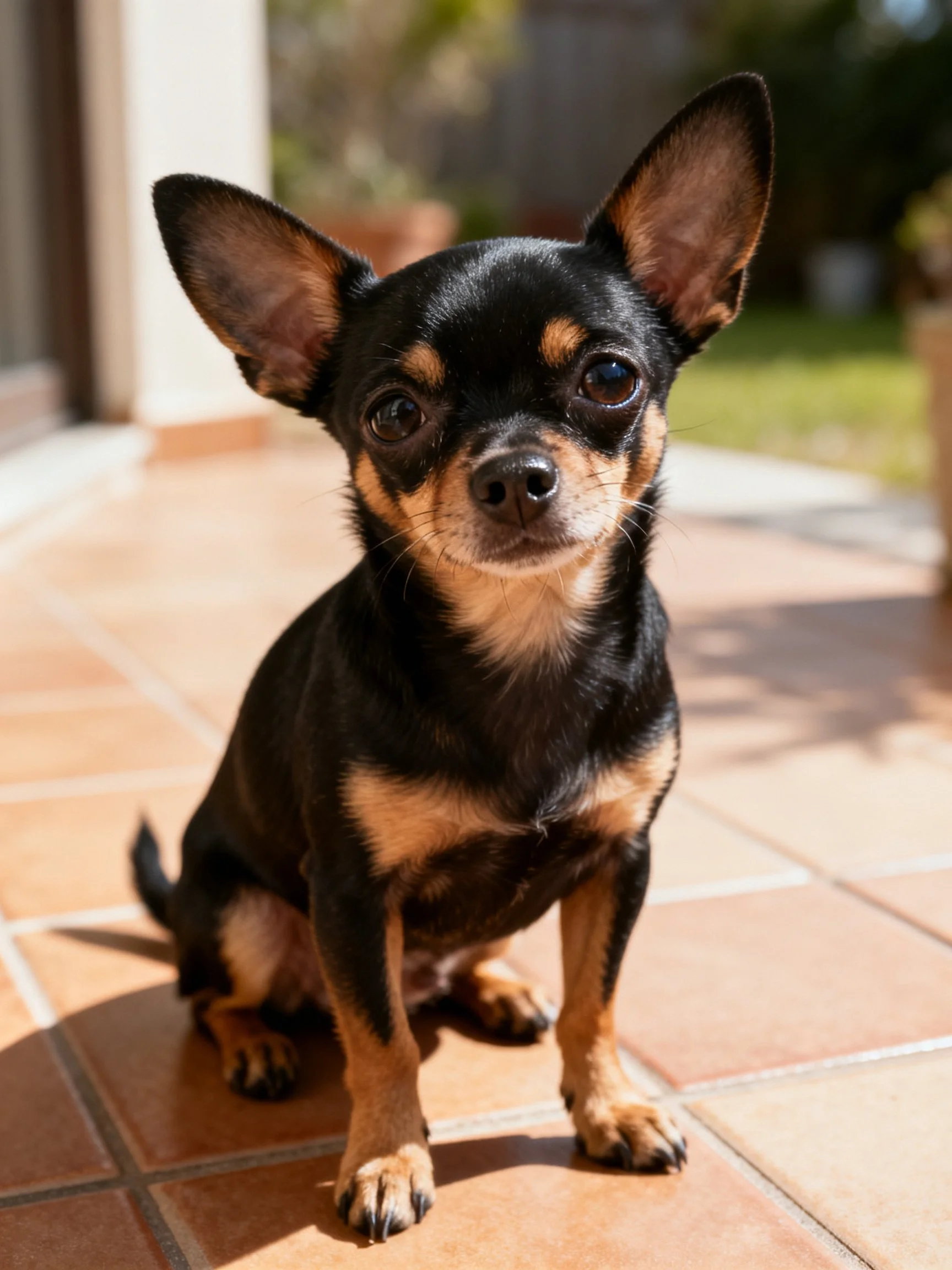 A small black and tan Chihuahua sitscalmly on terracotta tiles.