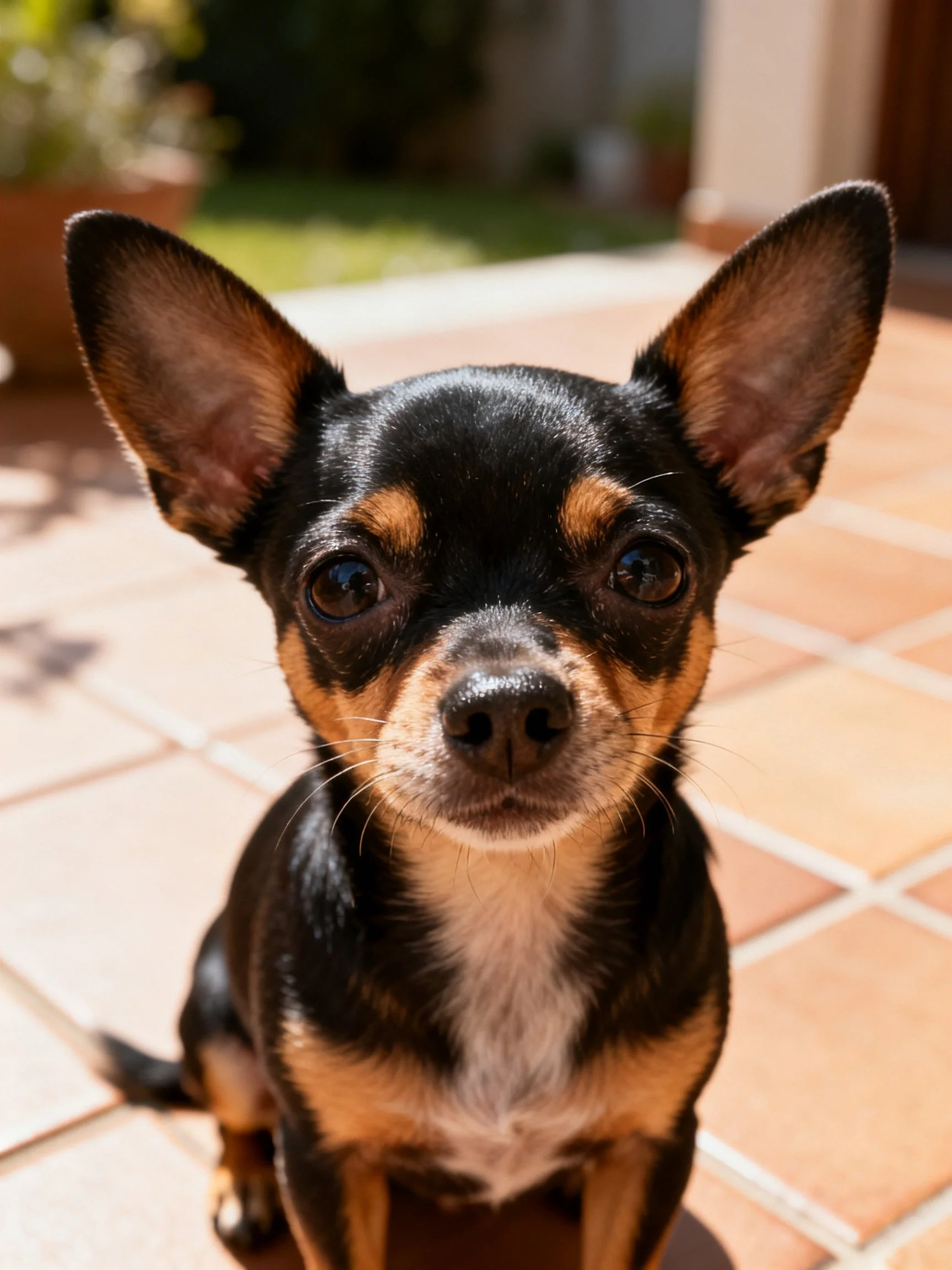 A small black and tan Chihuahua sits attentively on terracotta tiles outdoors.