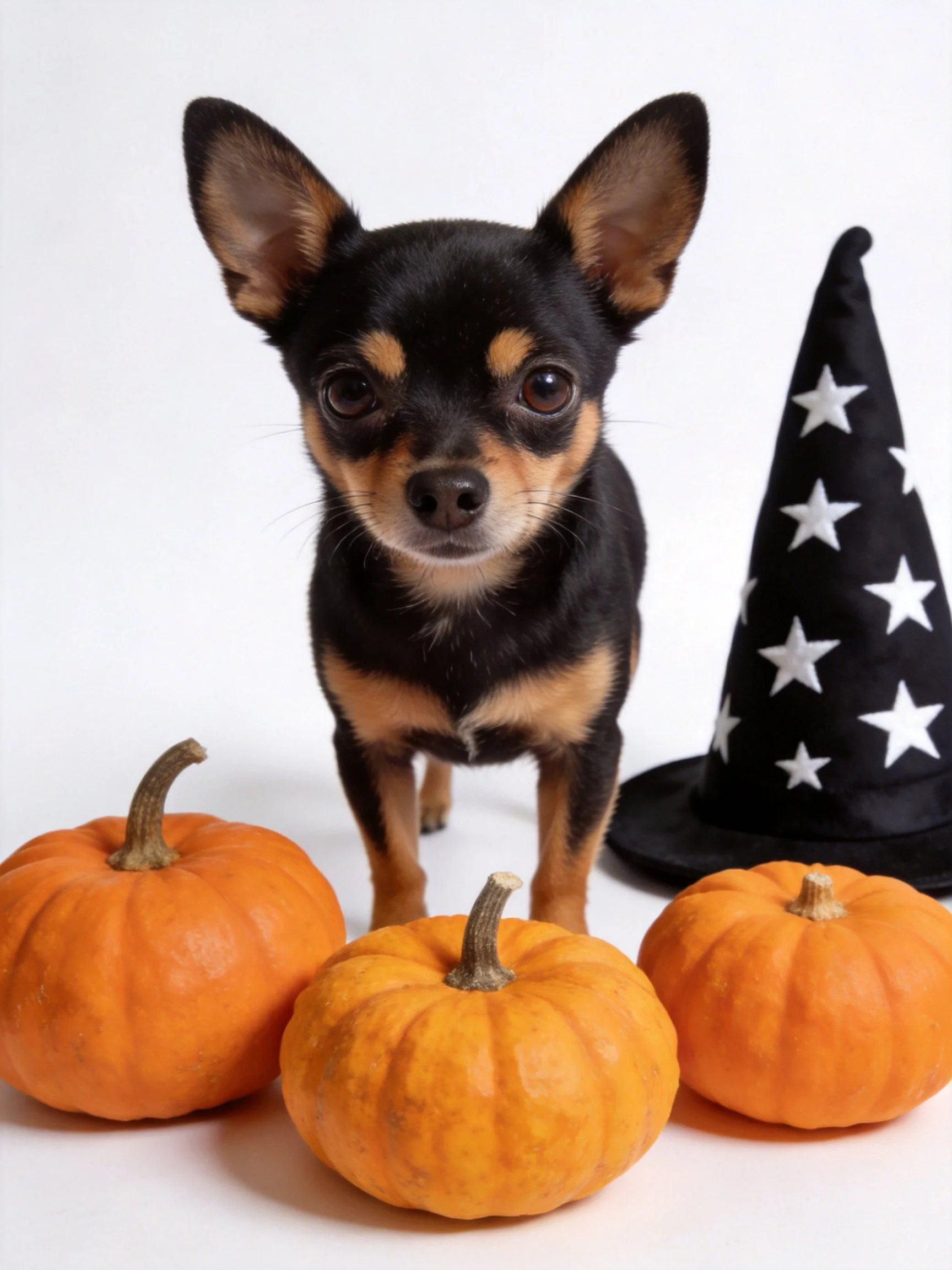 A small dog is surrounded by pumpkins and a witch hat in a festive setup.