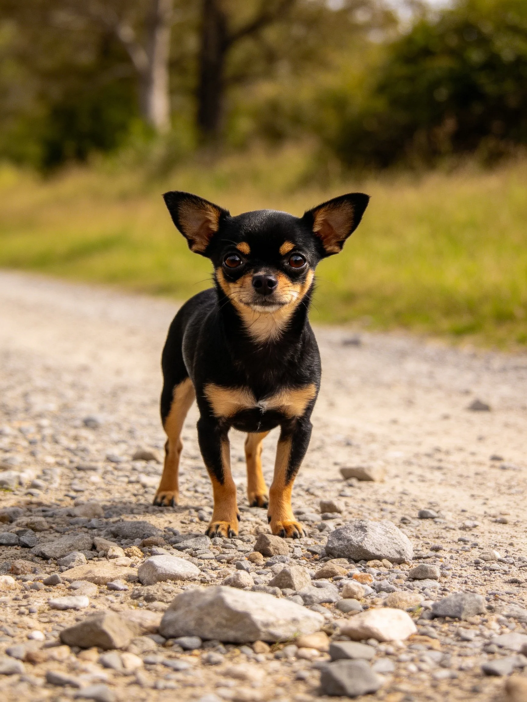 A small black and tan dog stands alertly on a rocky outdoor path.