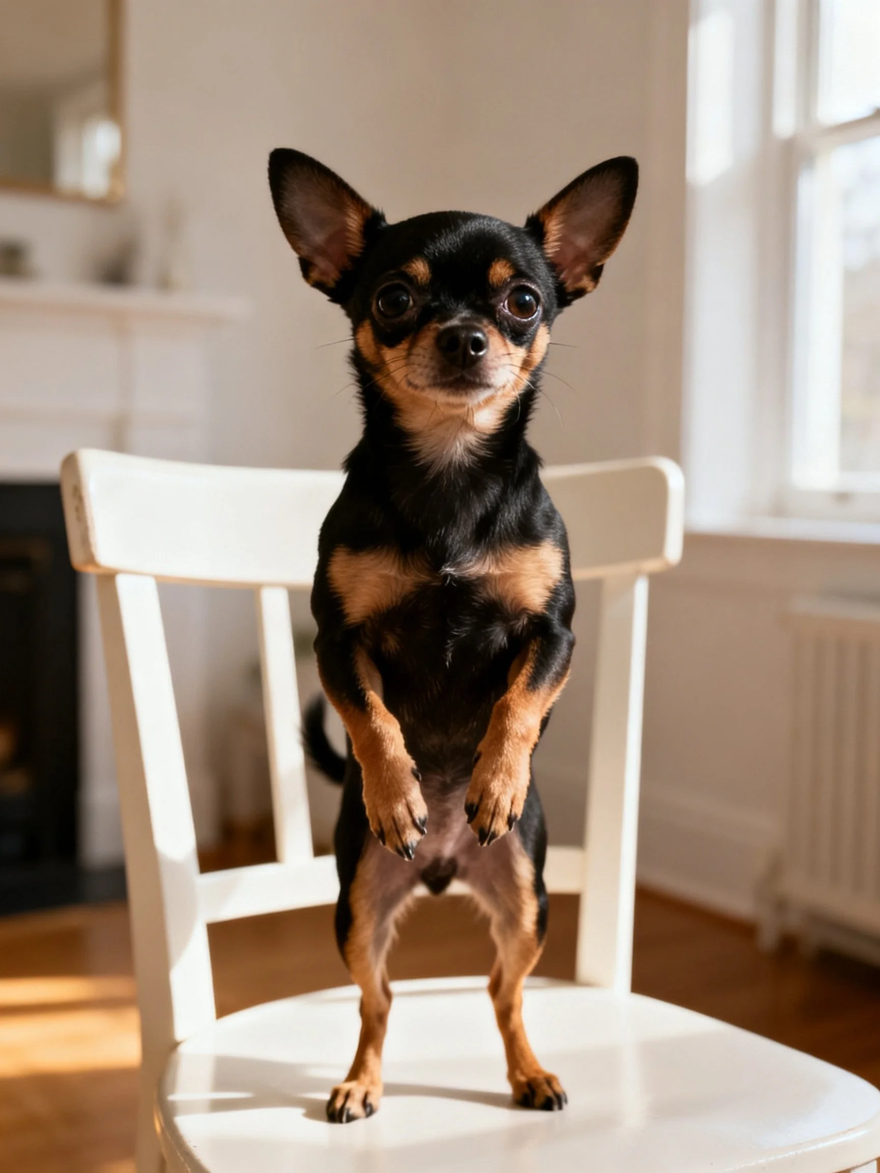 A small black and tan Chihuahua stands upright on a white chair in a bright room.