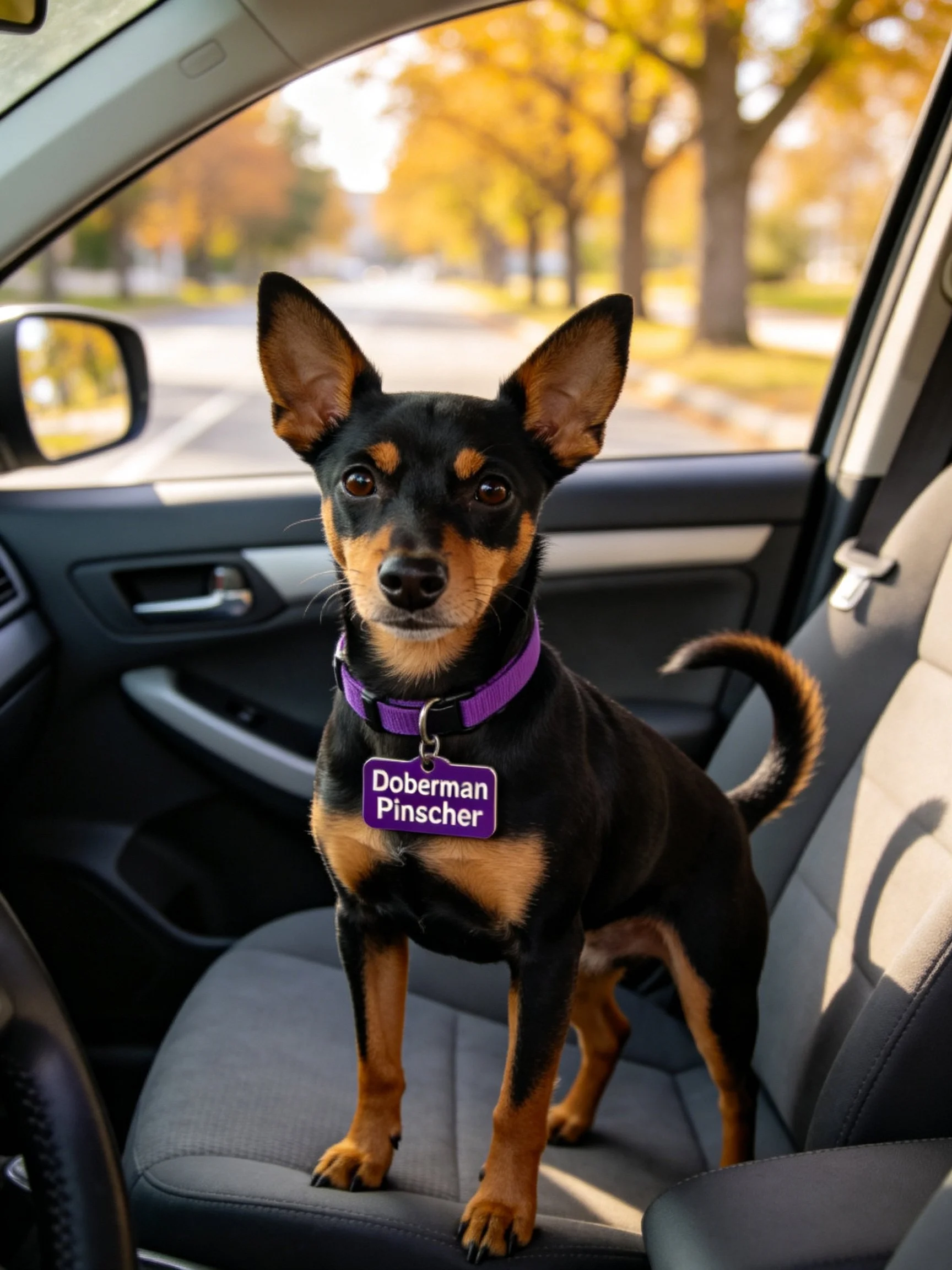 A small Doberman Pinscher with a purple collar sits in a car seat