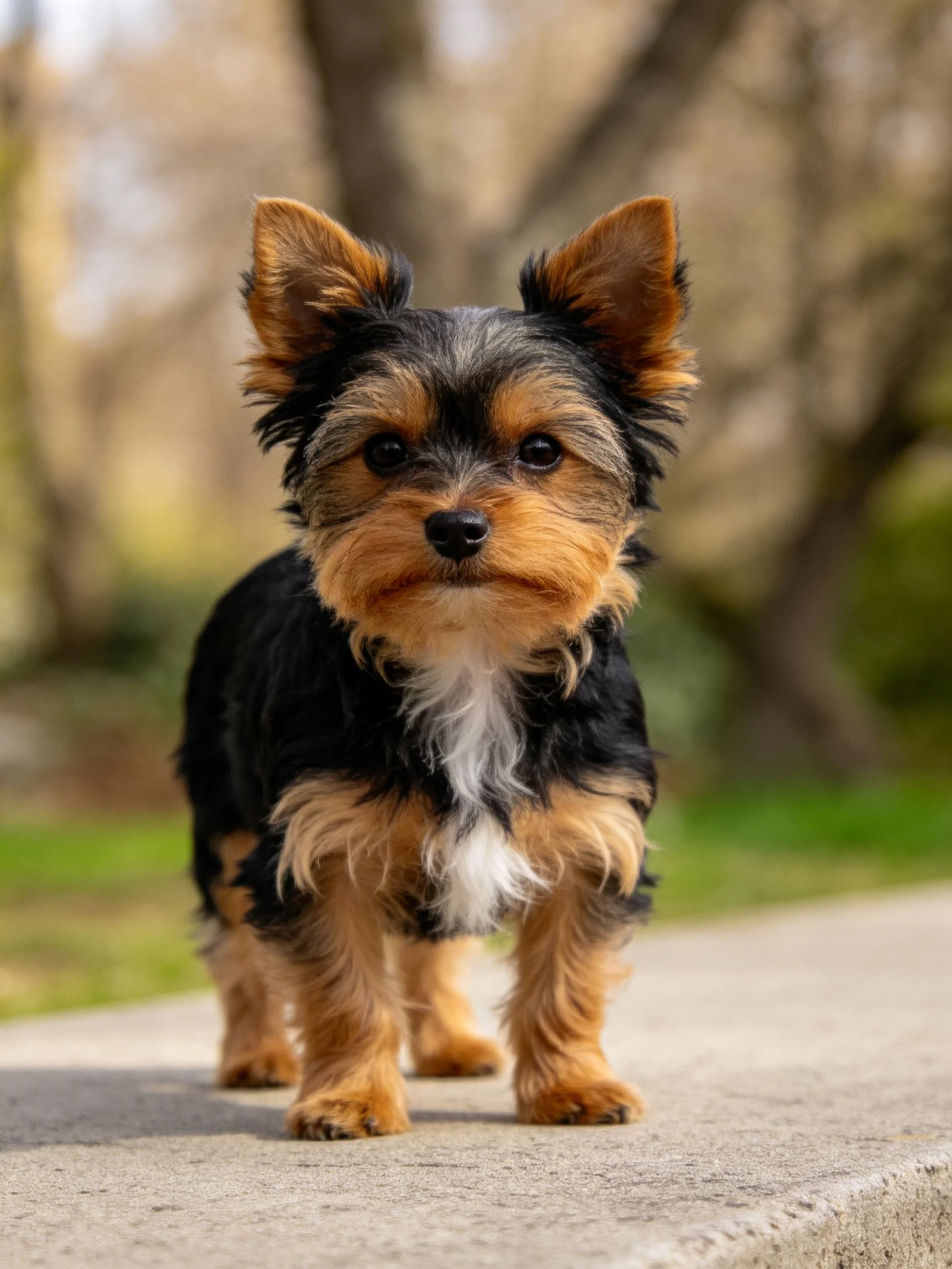 A small black and tan puppy stands on a concrete path in an outdoor setting.