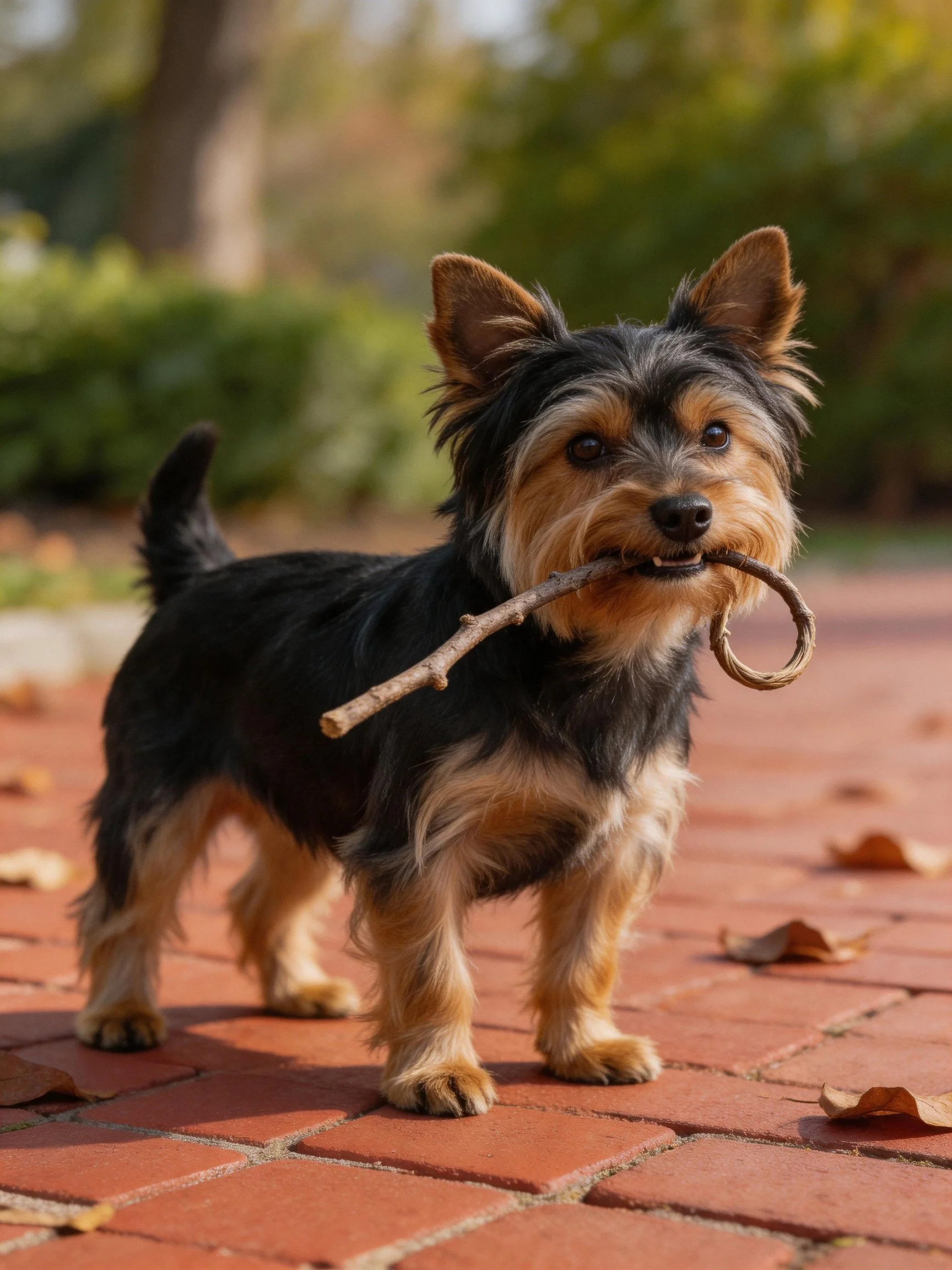 A small black and tan dog holds a stick on a brick path