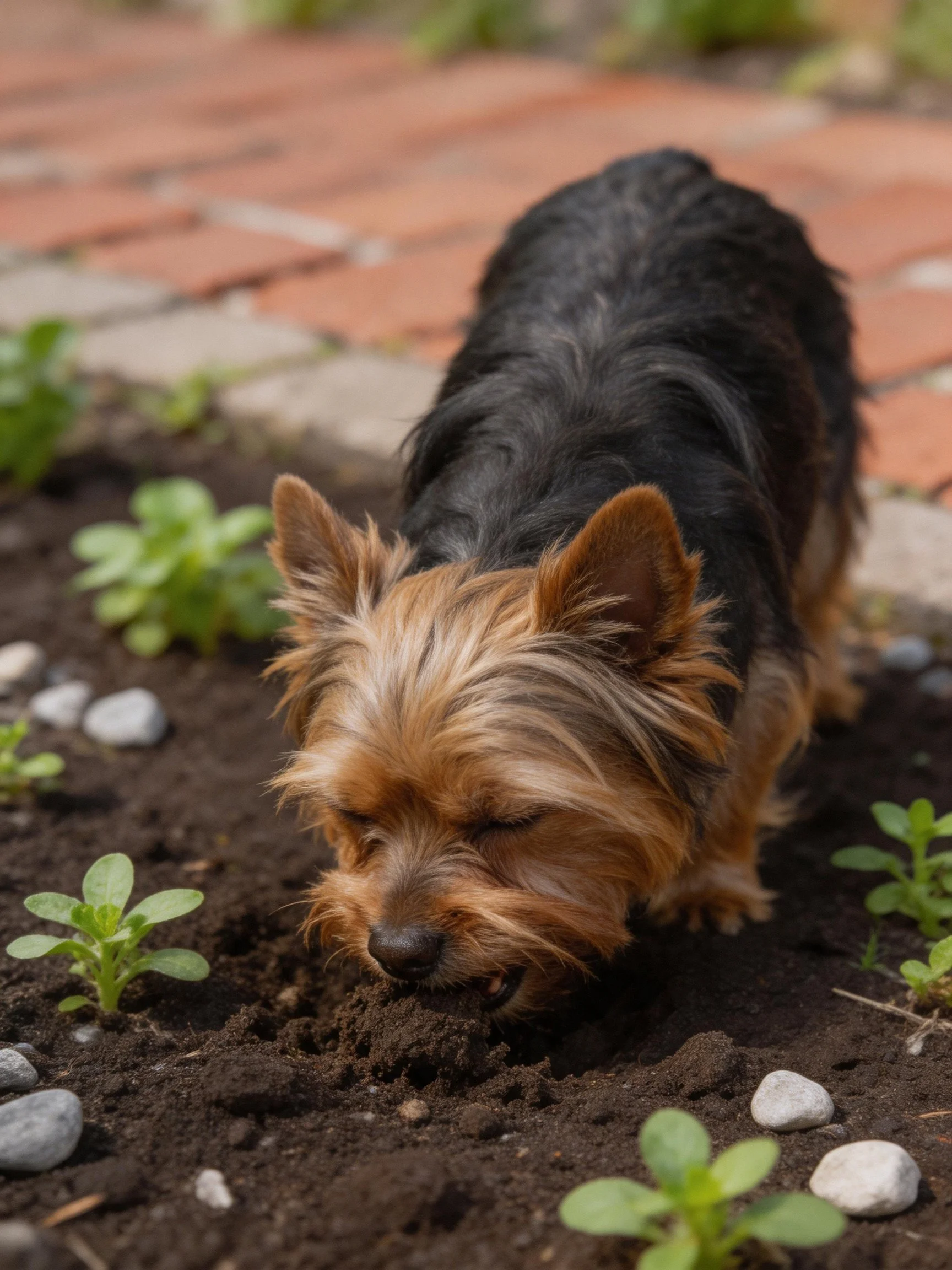 A small dog explores dark soil among plants and stones in an outdoor setting.