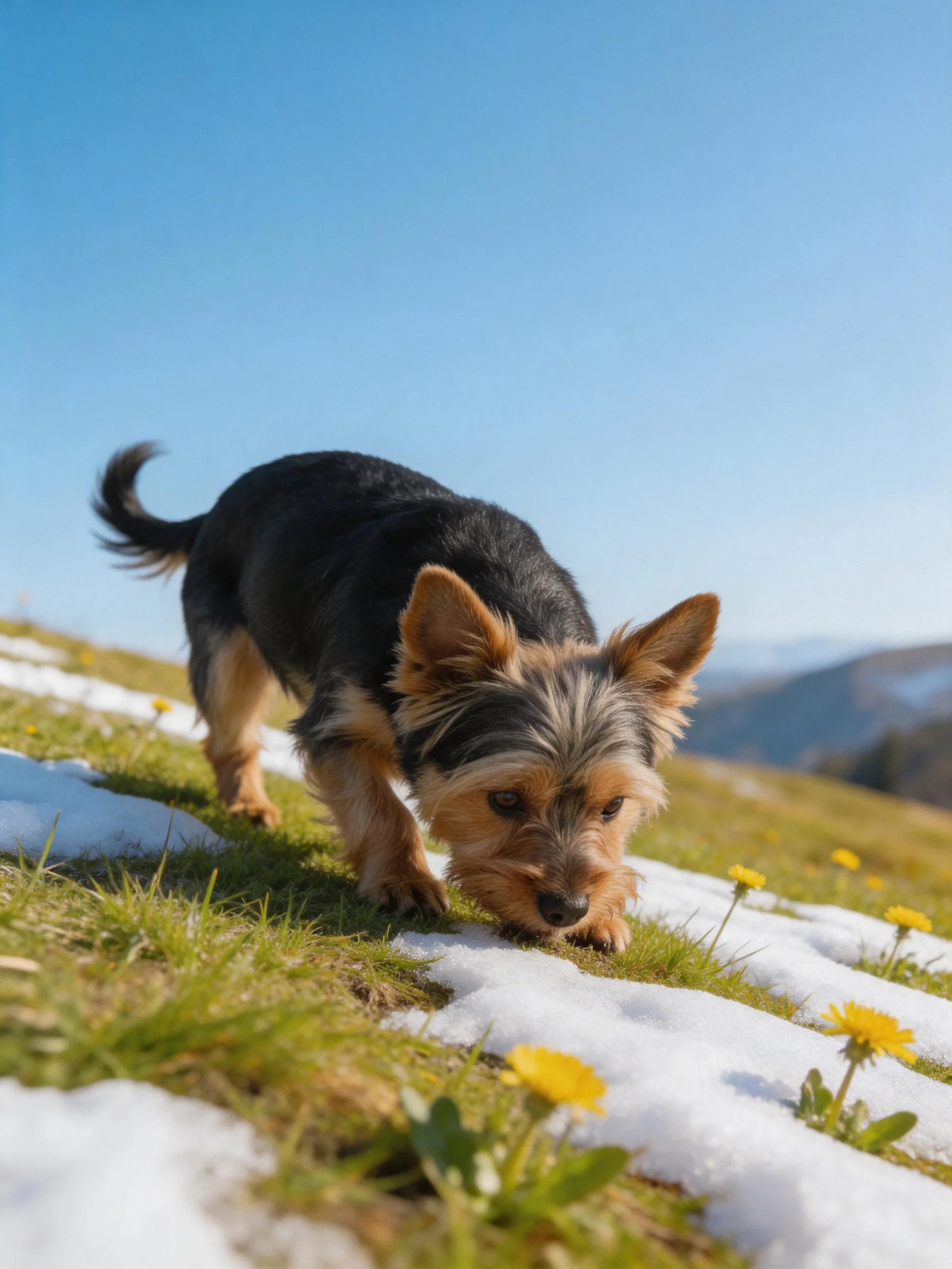 A small dog explores snow-patched grass and yellow flowers under a clear sky.