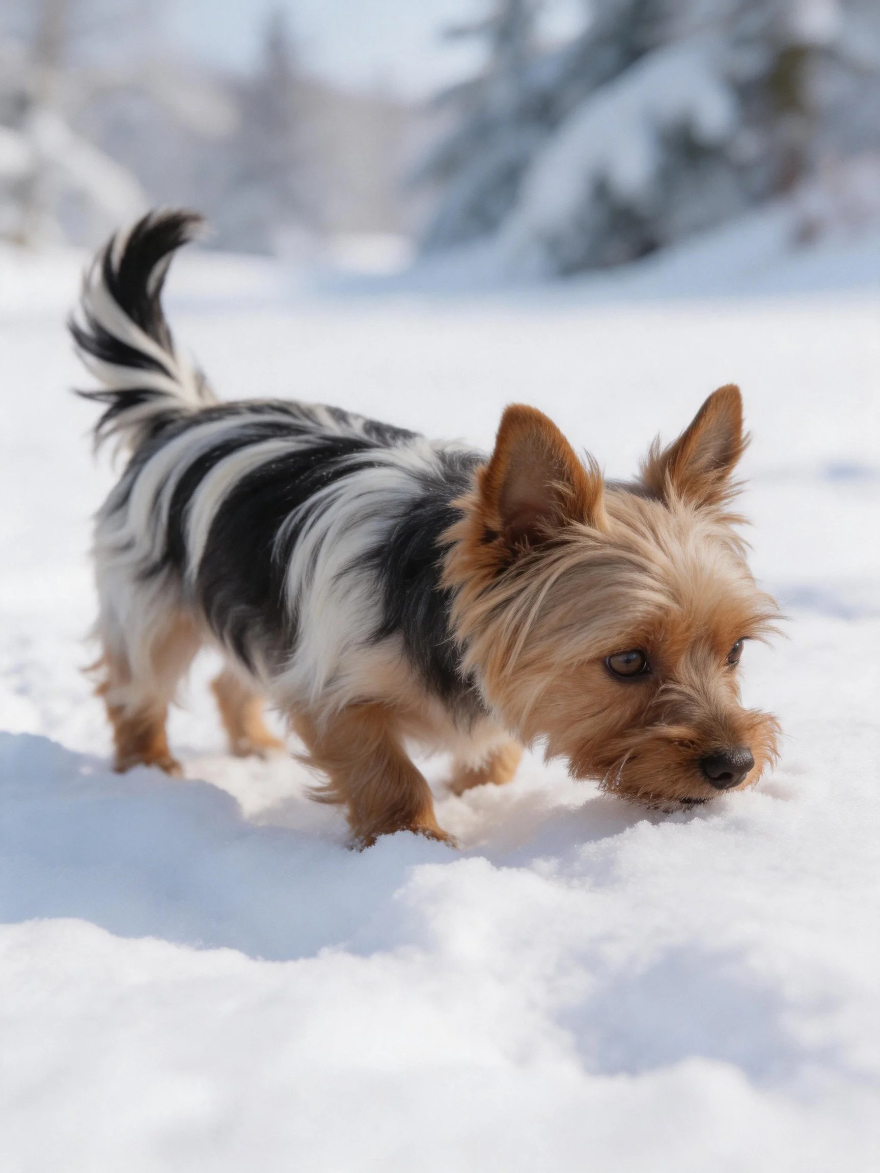 A small black and tan dog exploring snowy terrain
