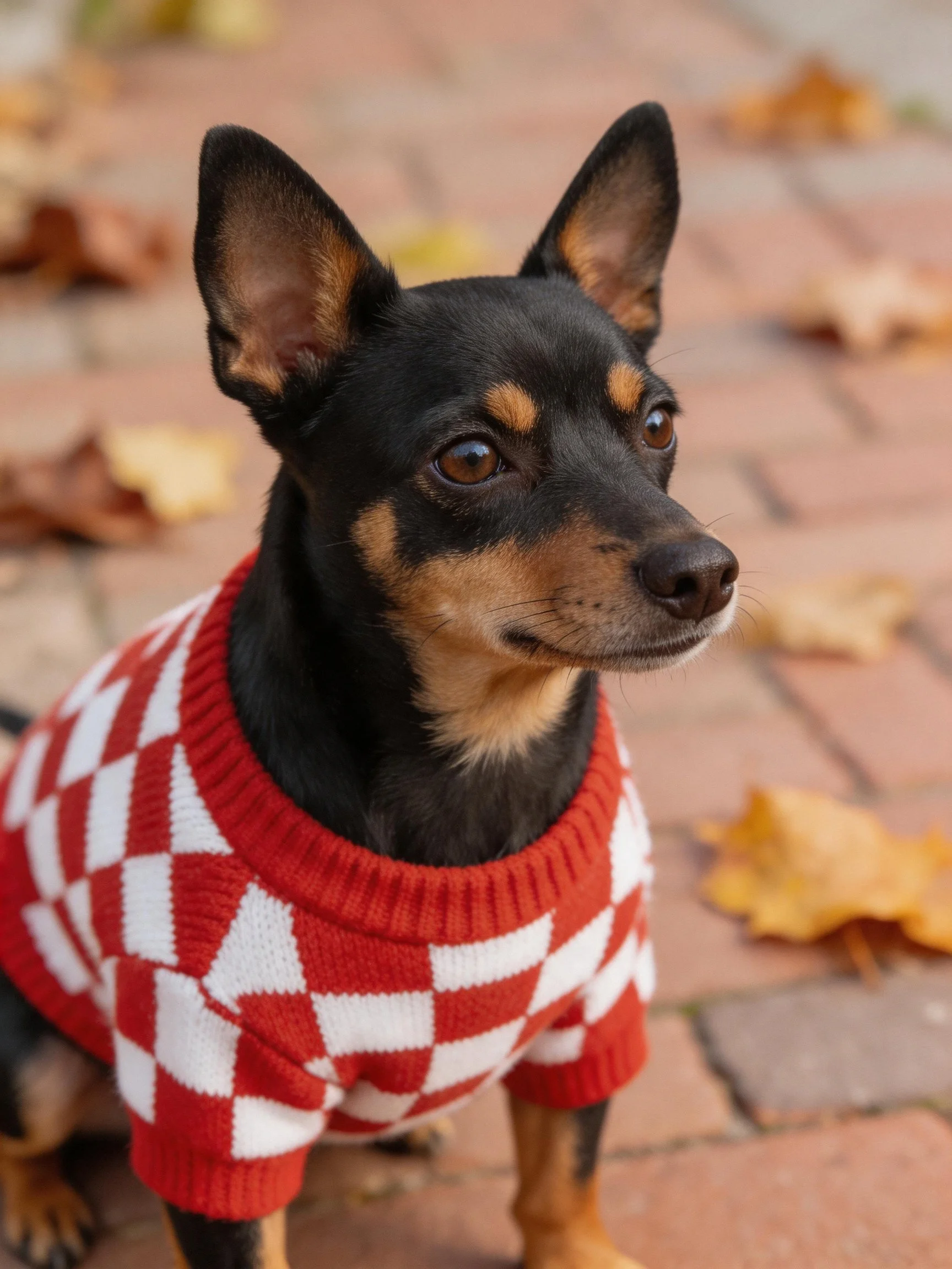 A small dog in a red and white argyle sweater sits on a brick path with scattered autumn leaves.