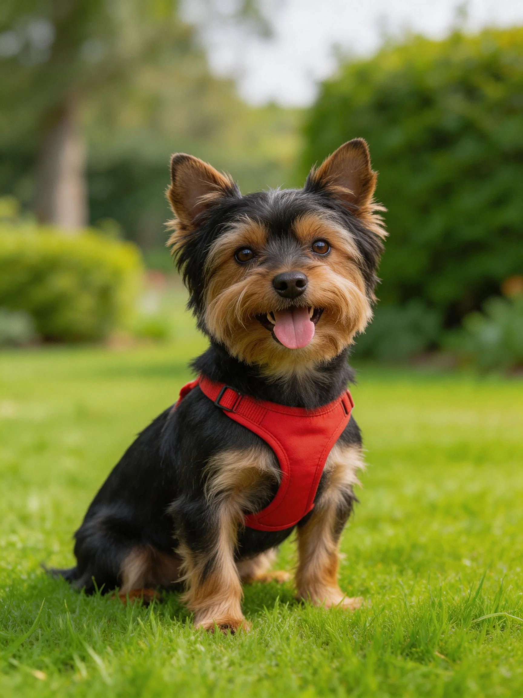 A small dog with a red harness enjoys time on a green lawn in a garden