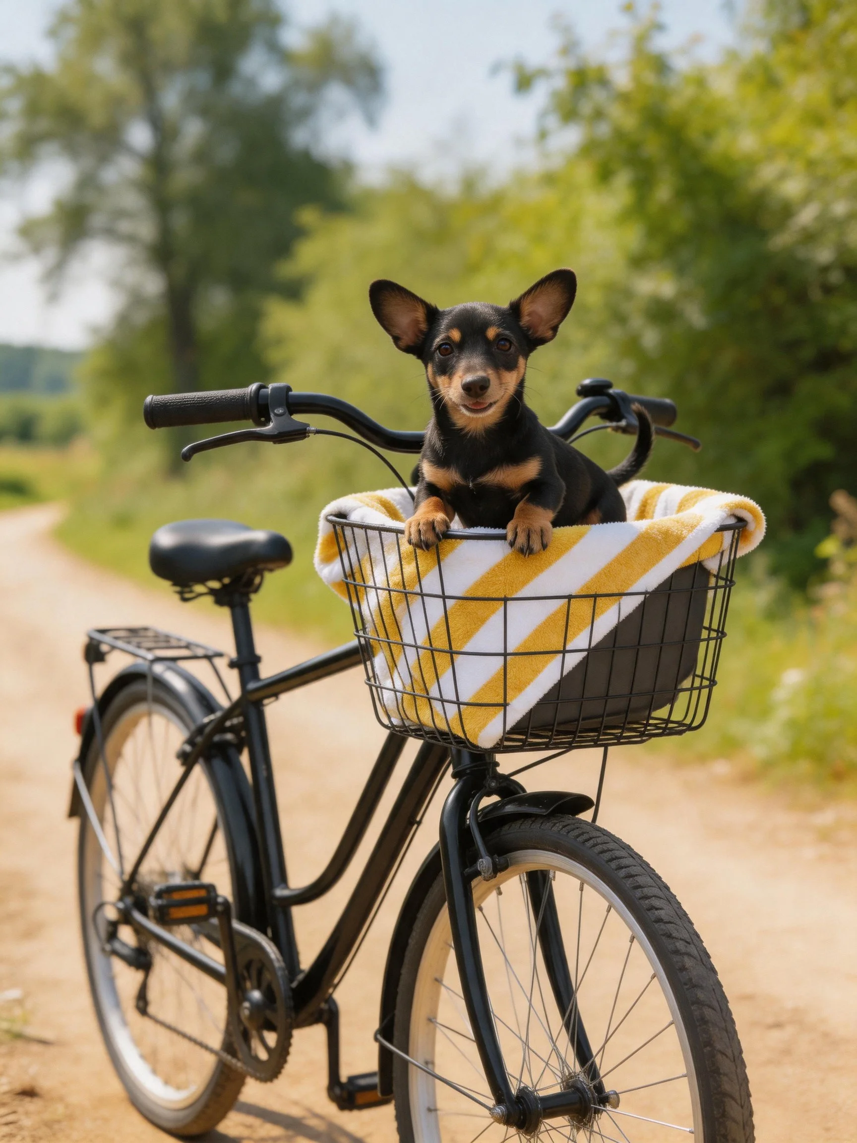 A small dog sits in a bicycle basket on a sunny day.