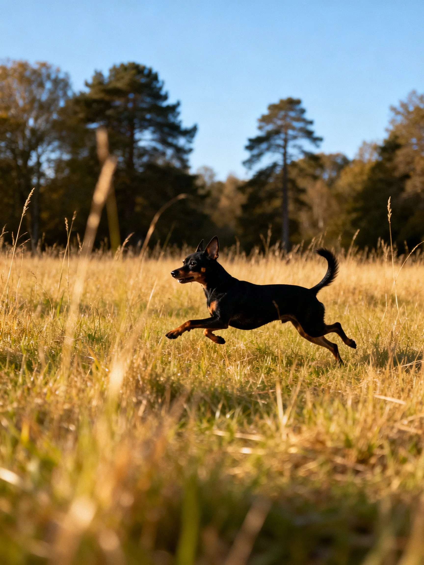 A small black and tan dog runs through a sunlit open field.