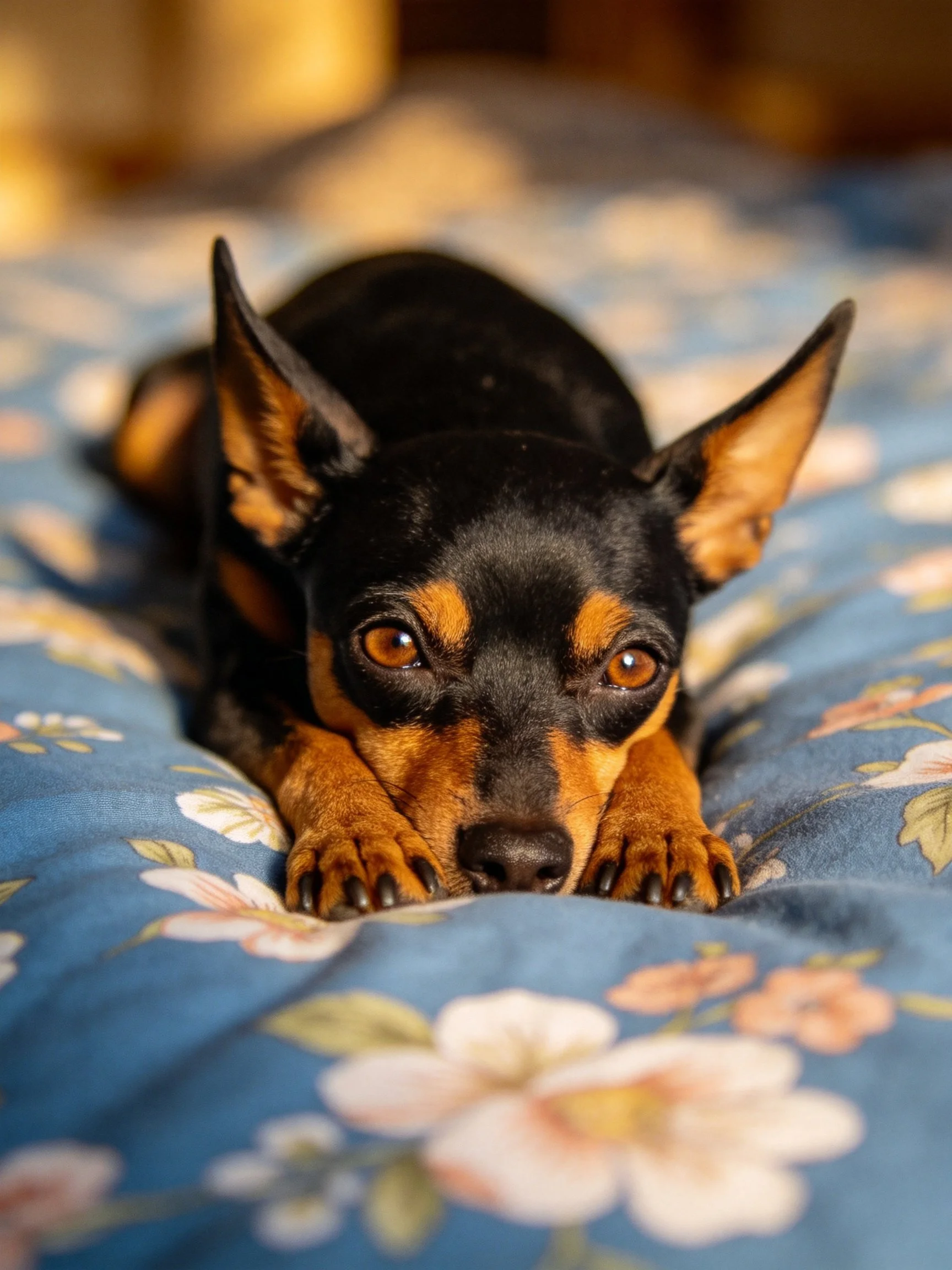 A small black and tan dog relaxes on a blue floral bedspread
