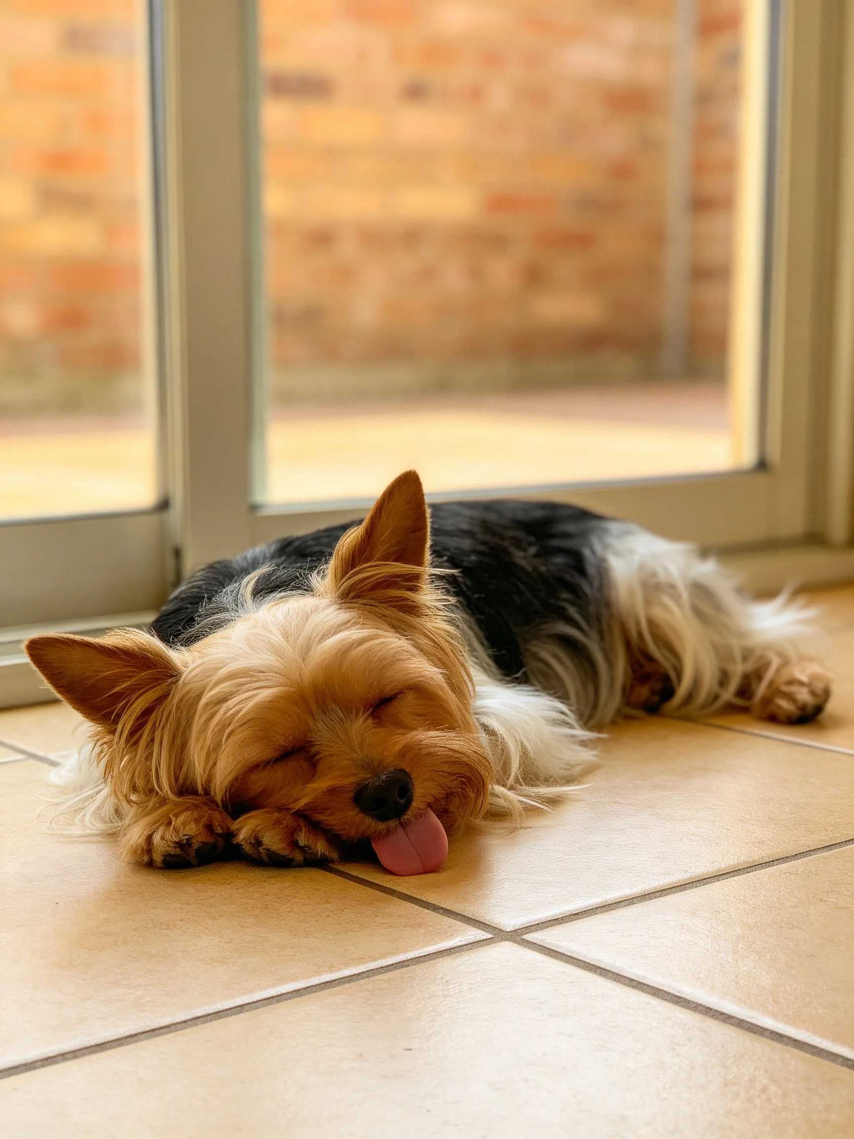 A small black and tan dog naps near a glass sliding door.