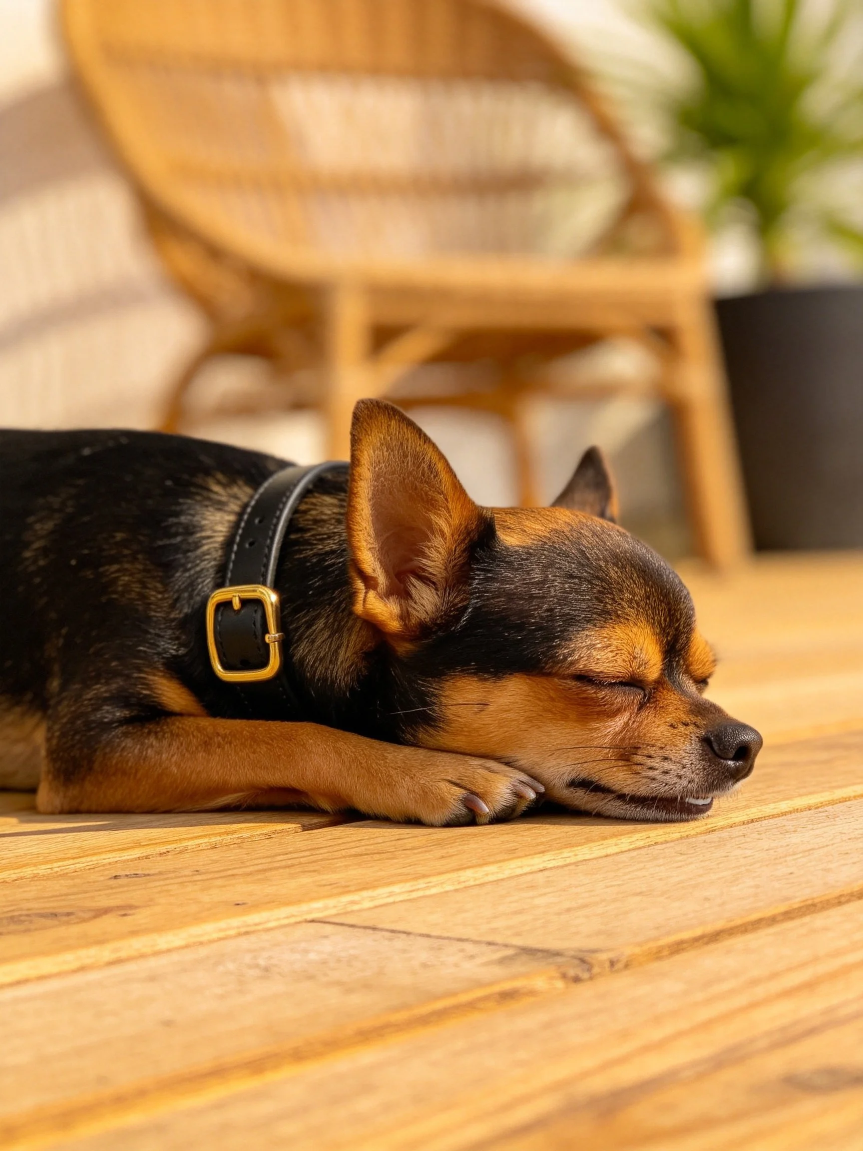 A small dog rests peacefully on a wooden surface with wicker furniture nearby.
