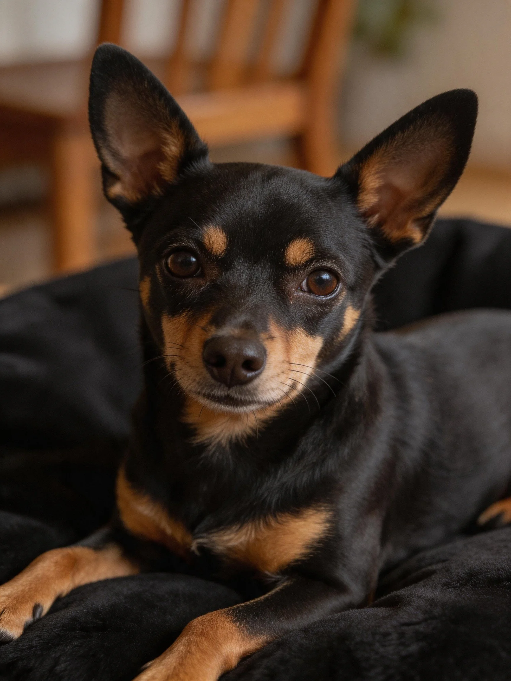 A small black and tan dog rests on a dark cushion in a cozy indoor space.