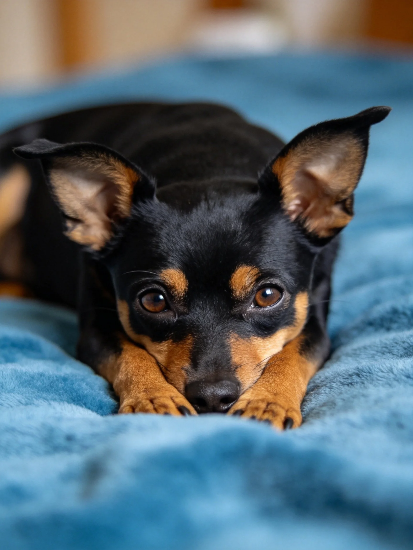 A small black and tan dog rests calmly on a blue blanket.