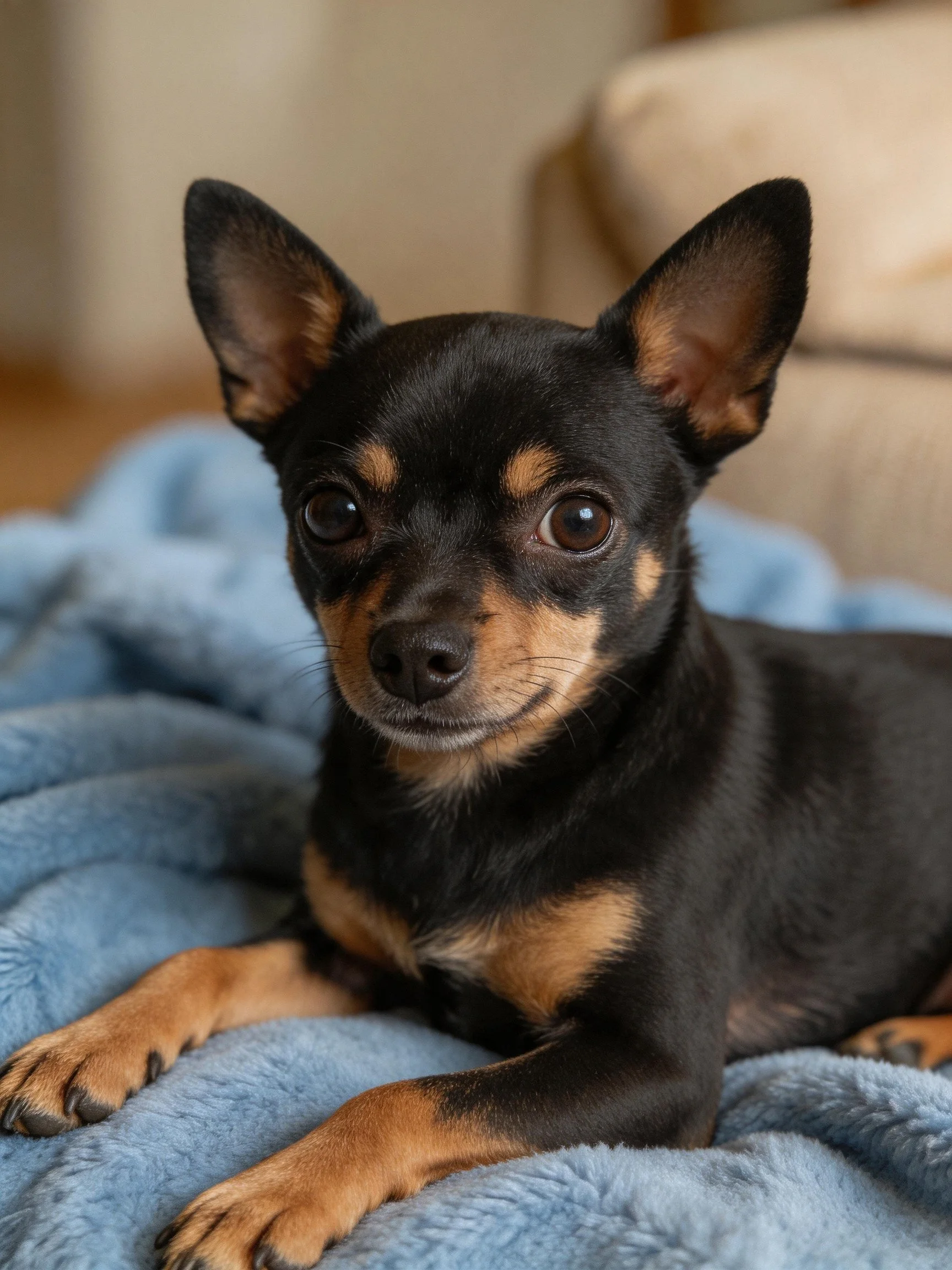 A small black and tan dog resting on a soft blue blanket