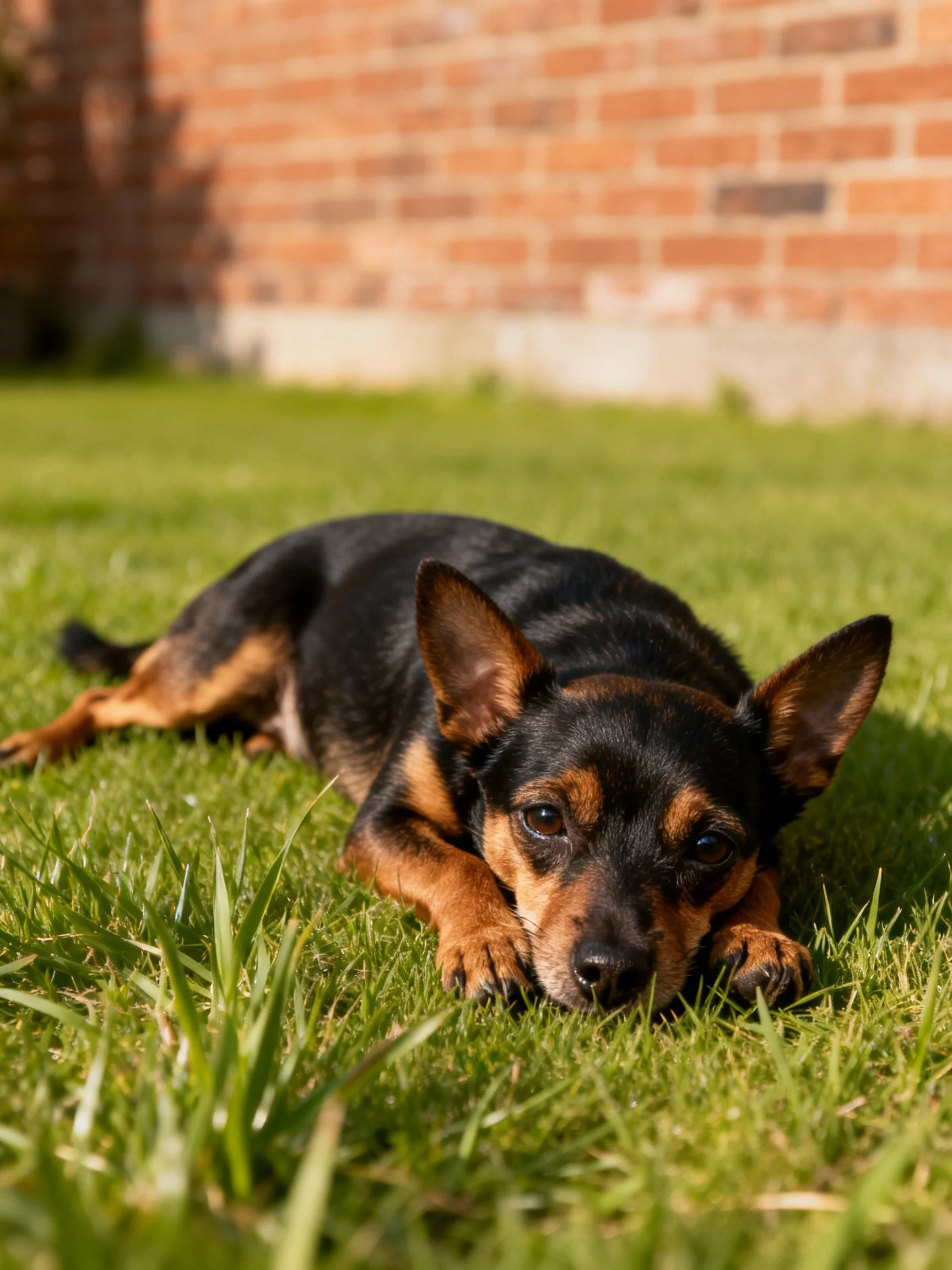 A small black and tan dog rests on grass near a brick wall.