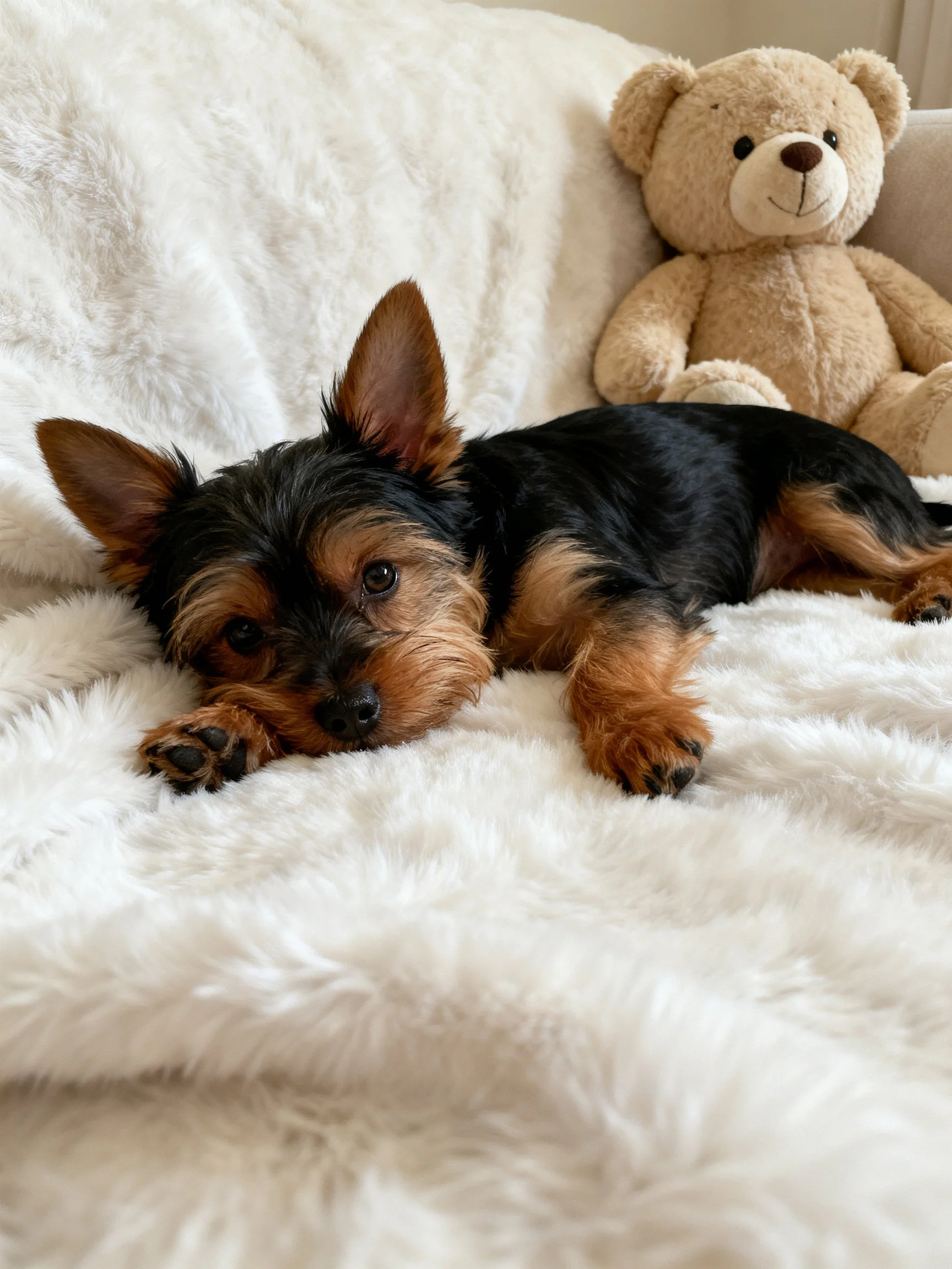 A small dog rests beside a teddy bear on a white blanket