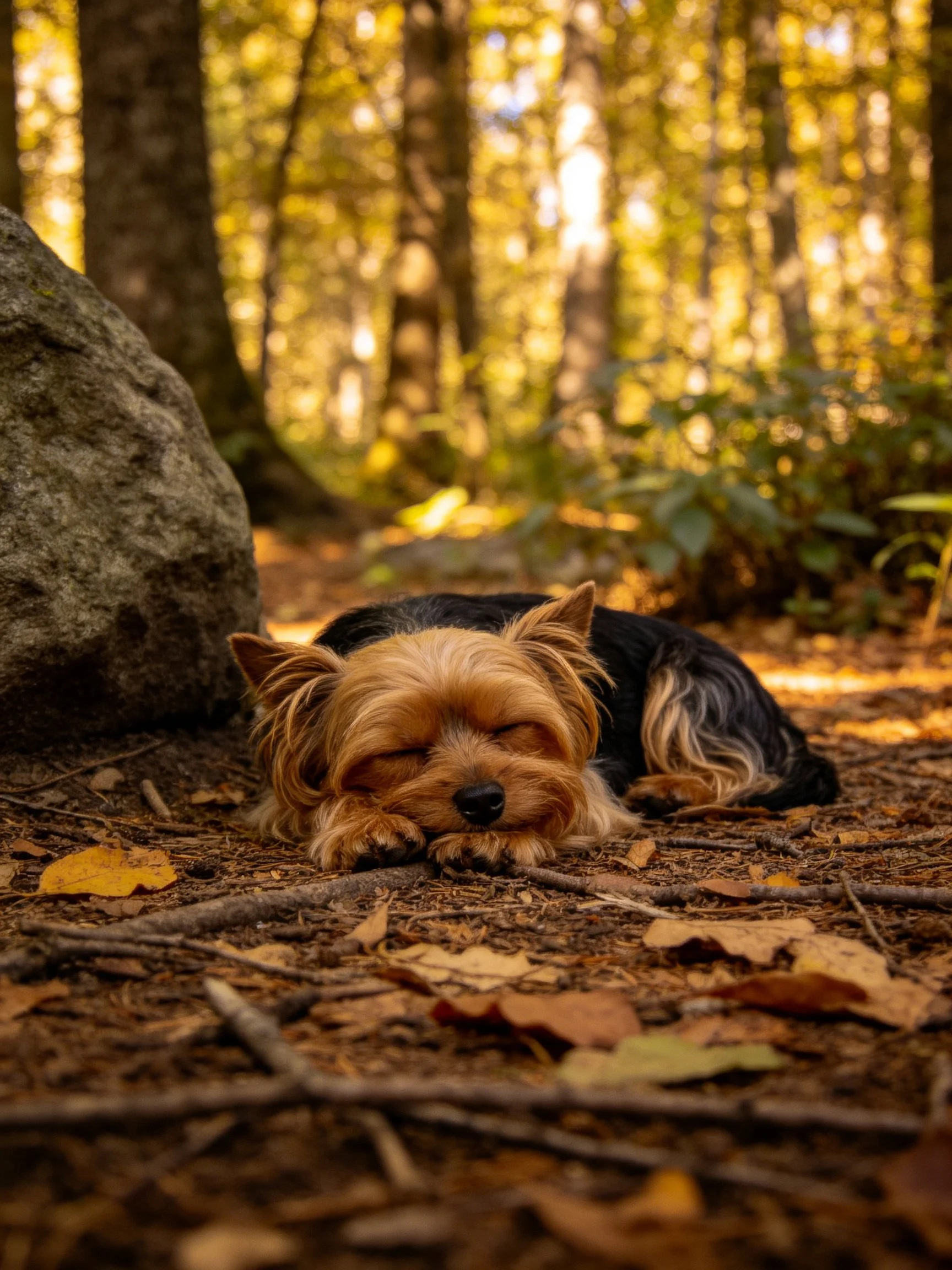 A small dog rests peacefully among leavesand trees in a sunlit forest.