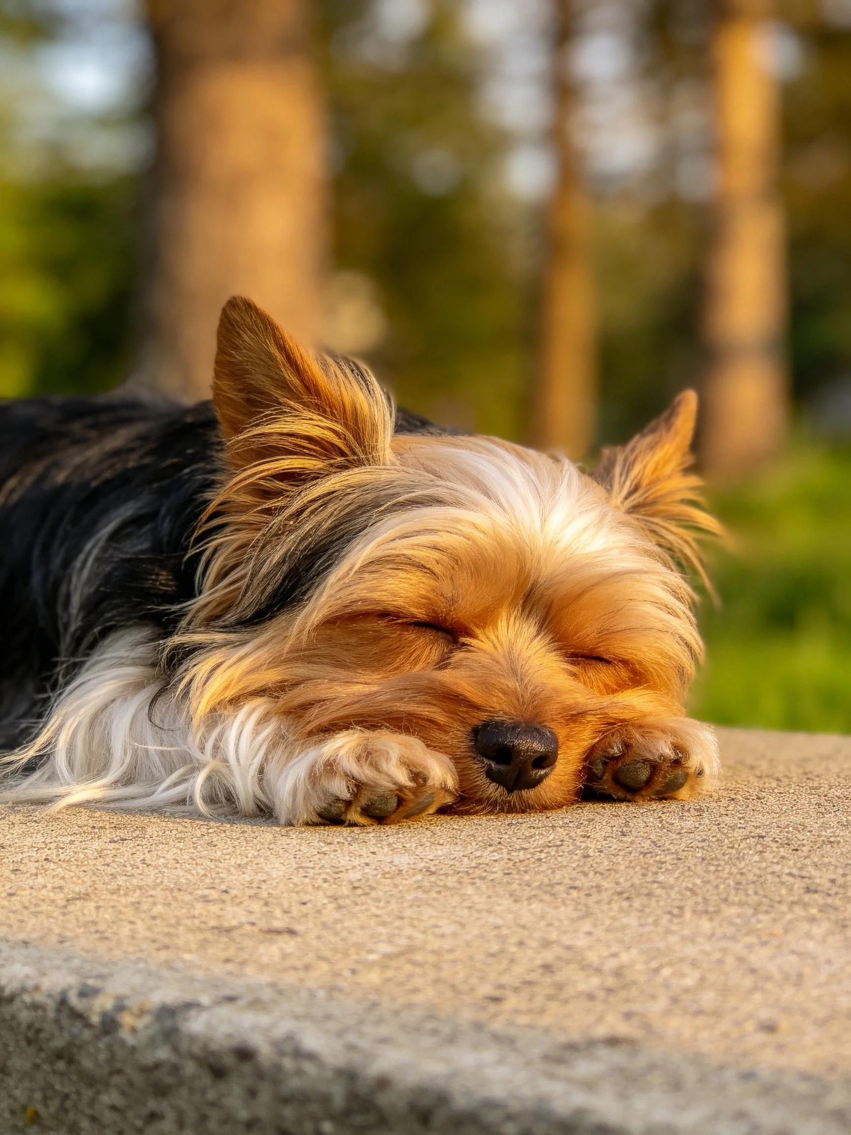 A small dog with black and tan fur sleeps on a concrete ledge in a sunlit outdoor area.