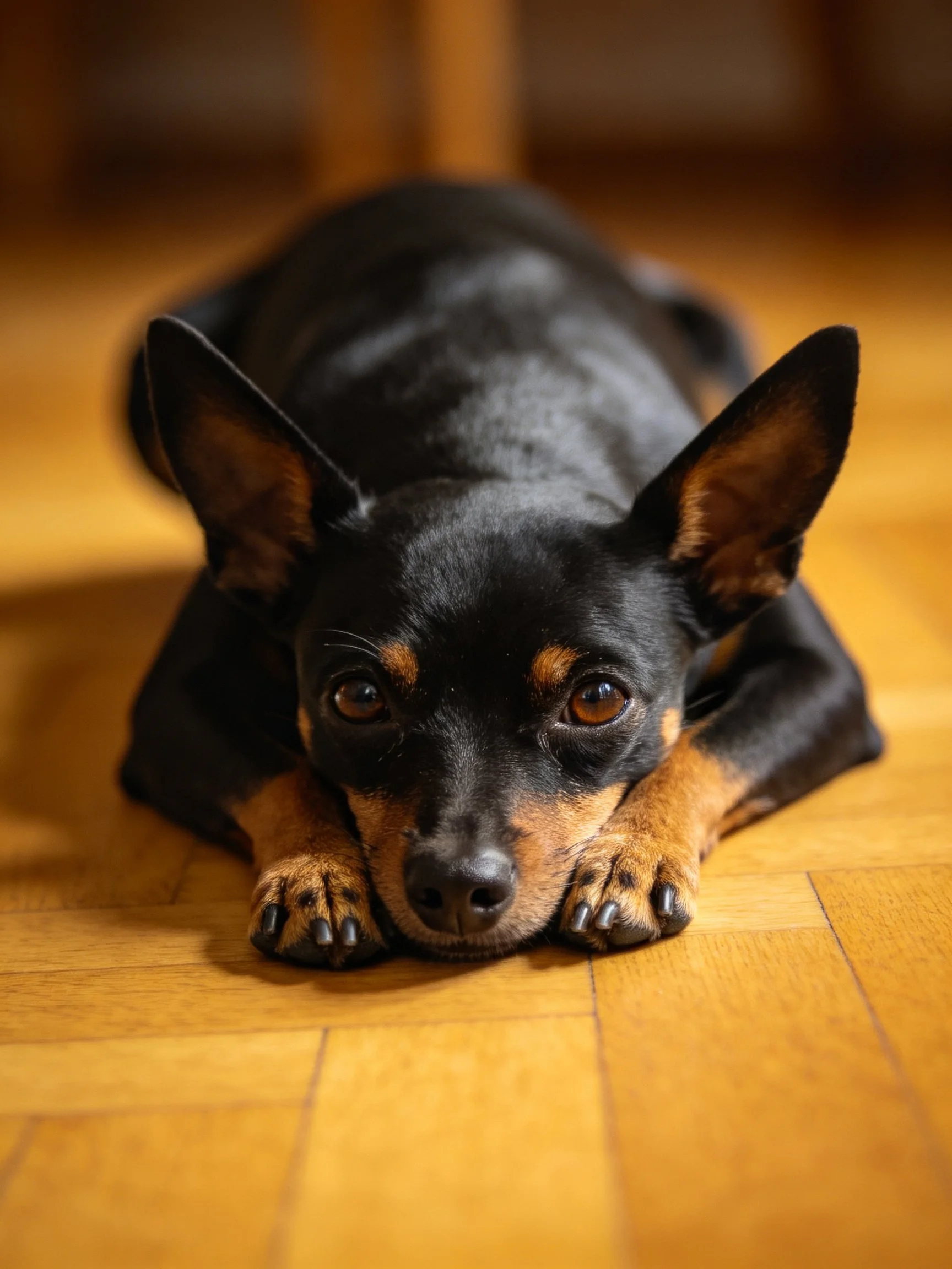A small black and tan dog lies calmly on a wooden floor.