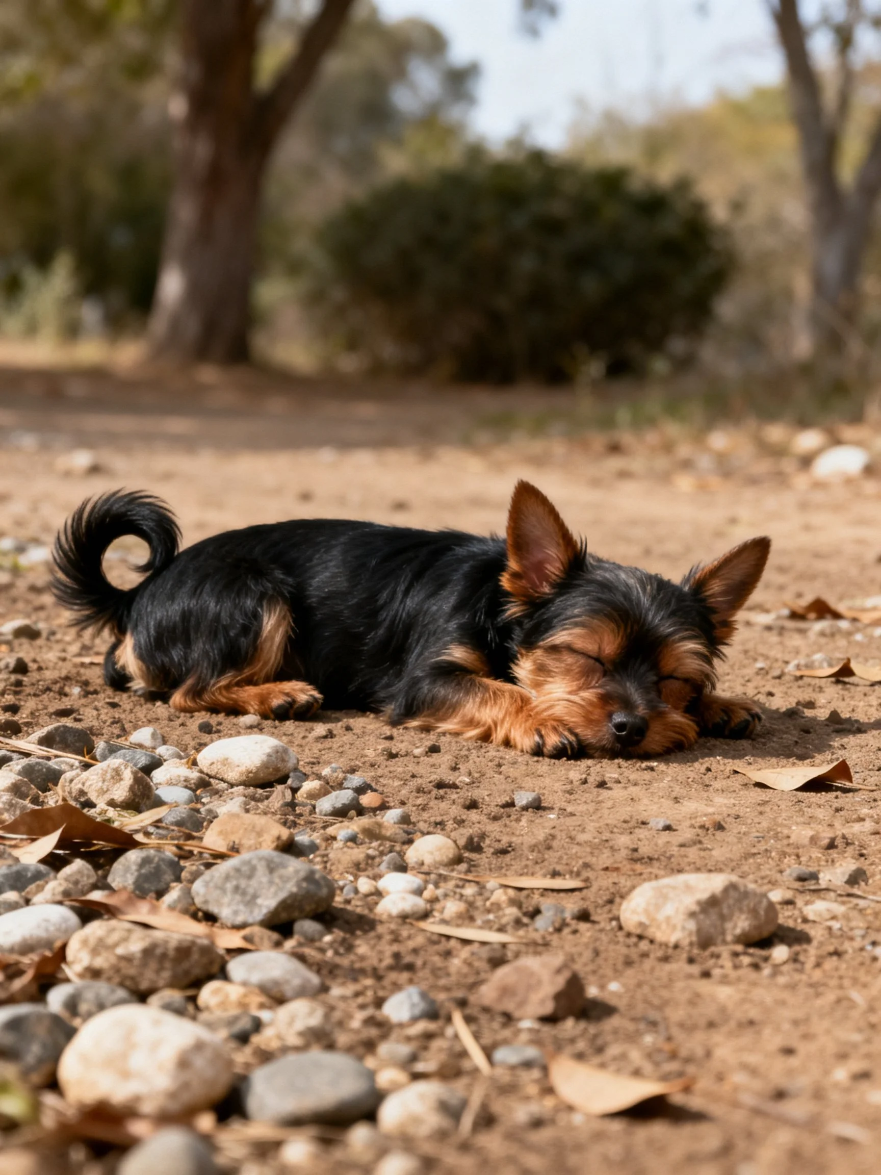 A small black and tan dog sleeps on a rocky dirt path outdoors