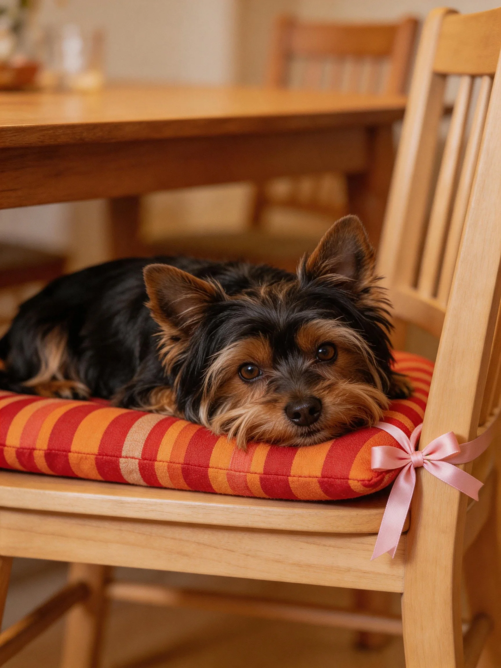 A small dog relaxes on a colorful cushion attached to a wooden chair