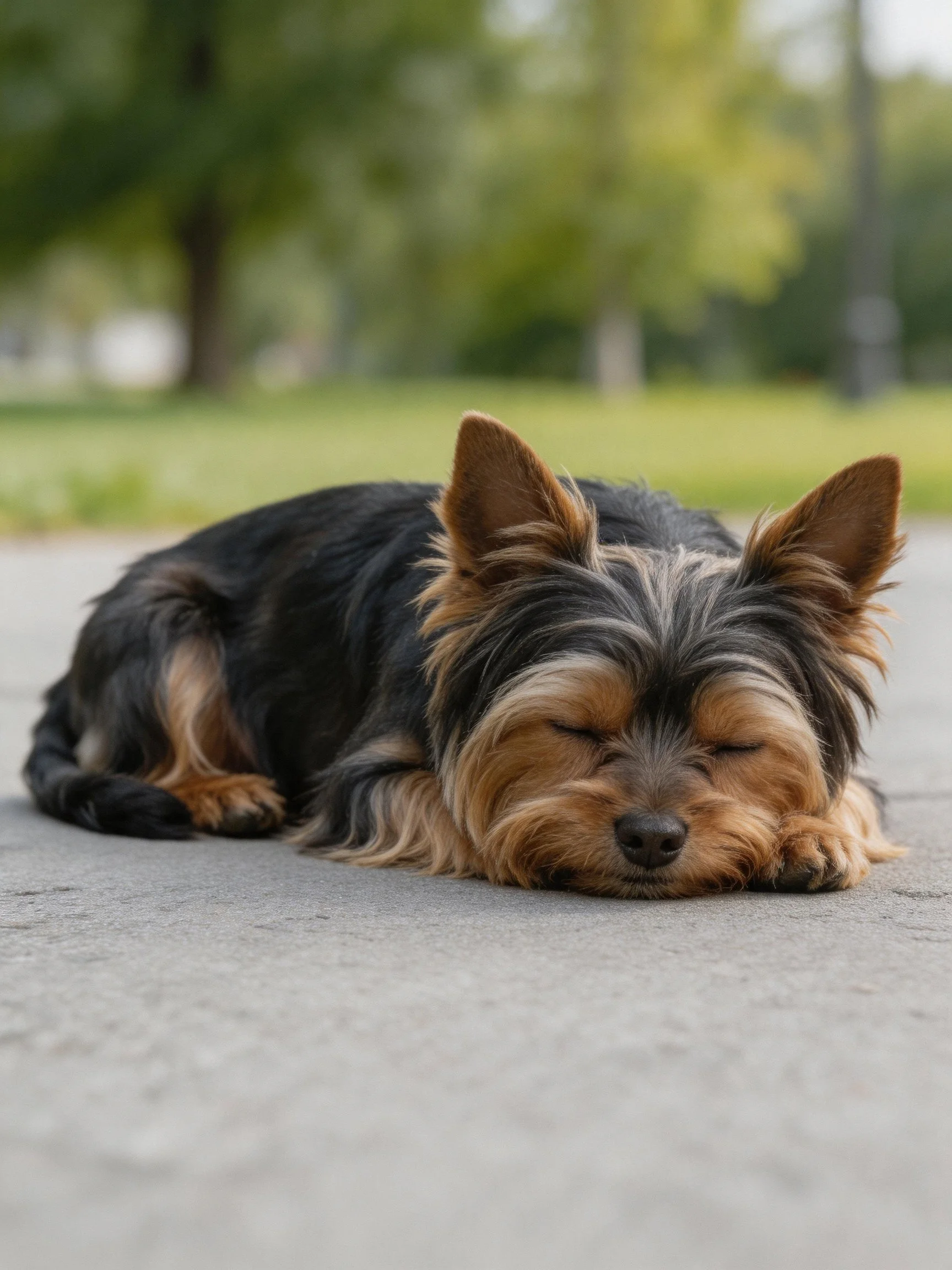 A small black and tan dog sleeps on pavement in a green outdoor area.