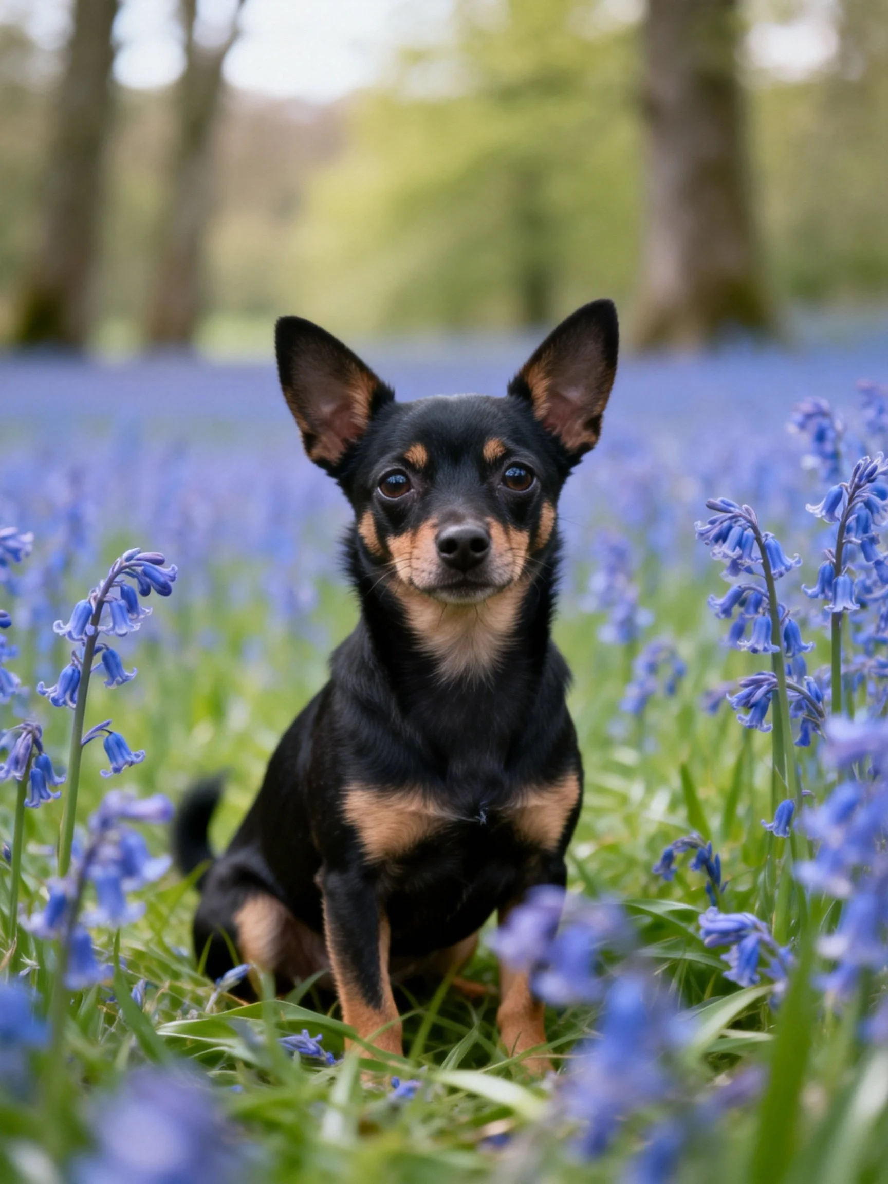 A small black and tan dog sits calmly among bluebells in a sunlit forest.