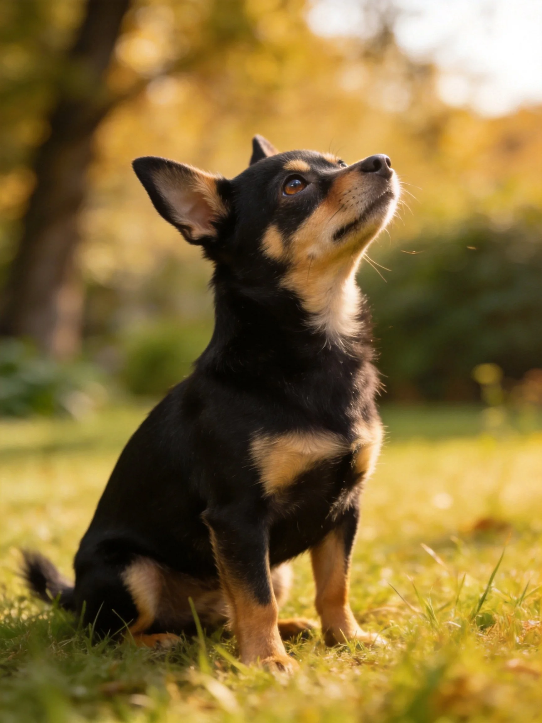 A small black and tan dog sits attentively in a sunlit outdoor area.