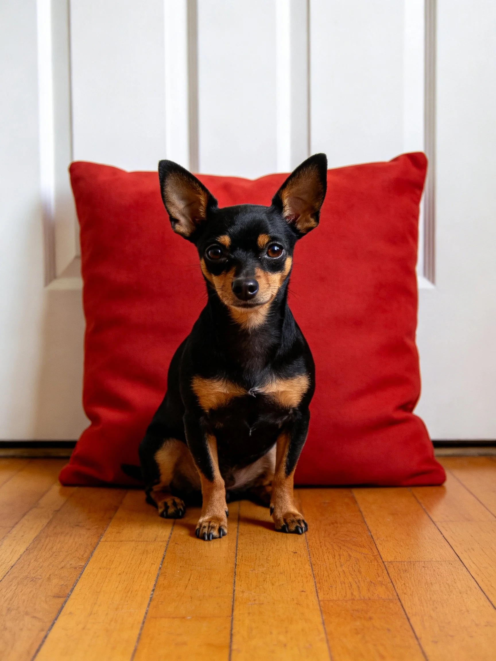 A small black and tan dog sits calmly in front of a red cushion near a white door.