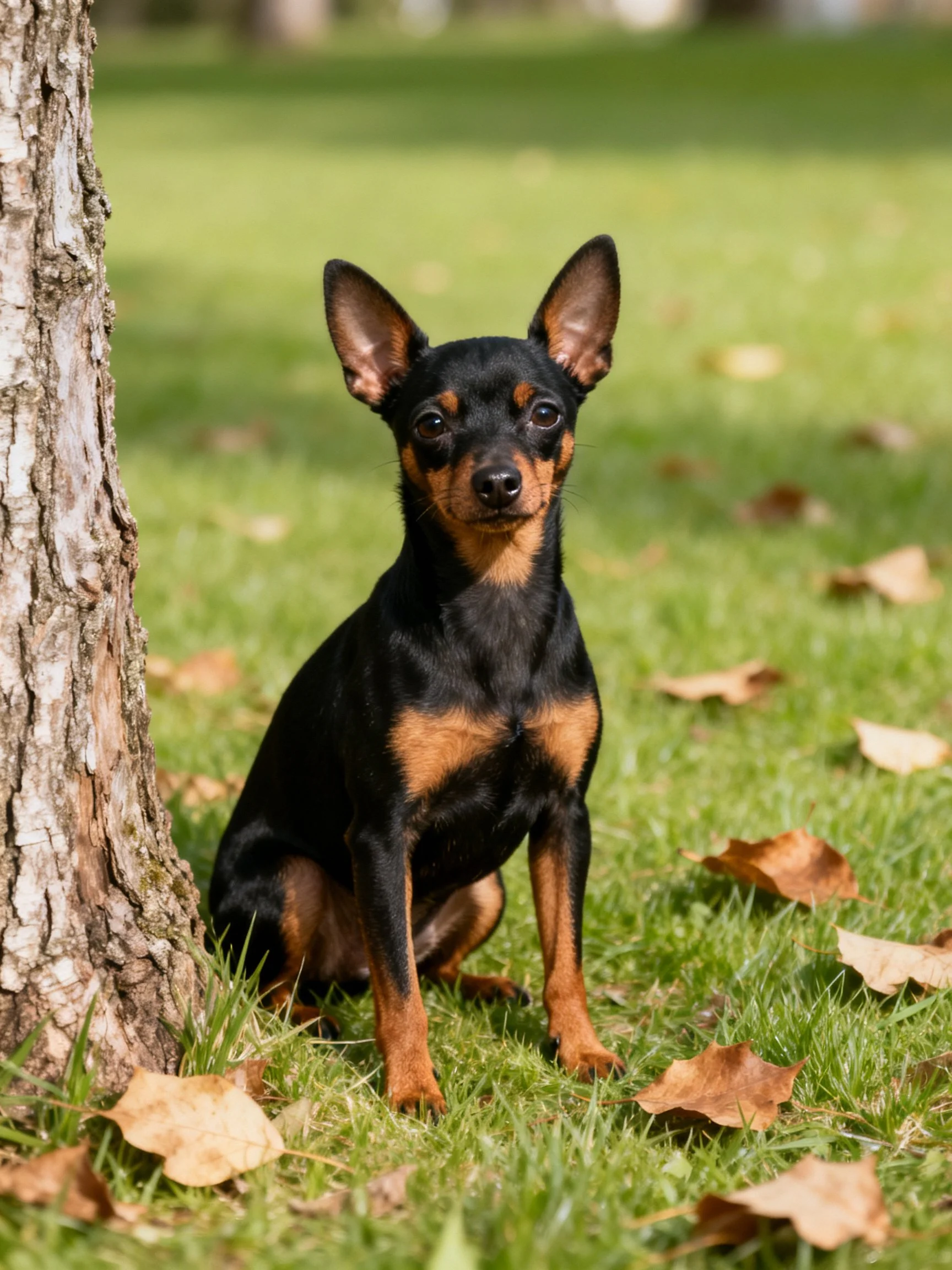 A small black-and-tan dog sits calmly beside a tree in a leaf-strewn grassy area.