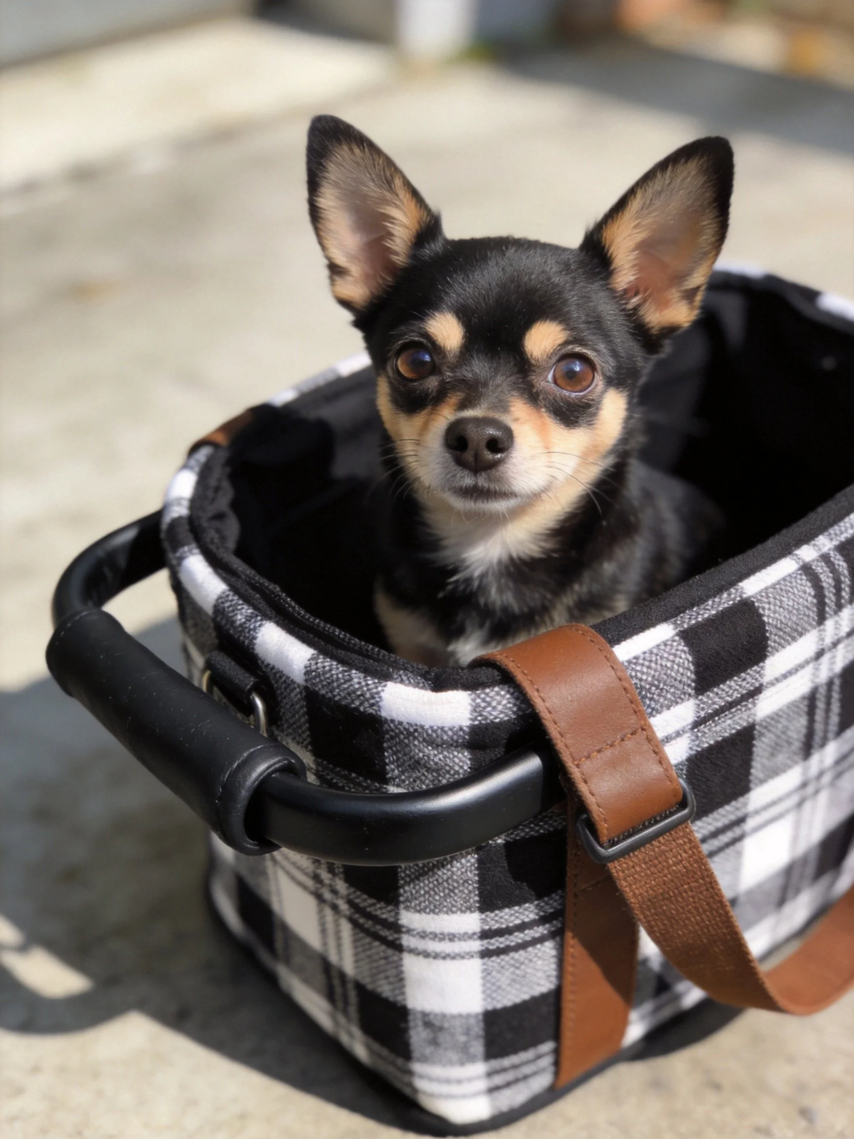 A small dog rests inside a black - white plaid basket outdoors.